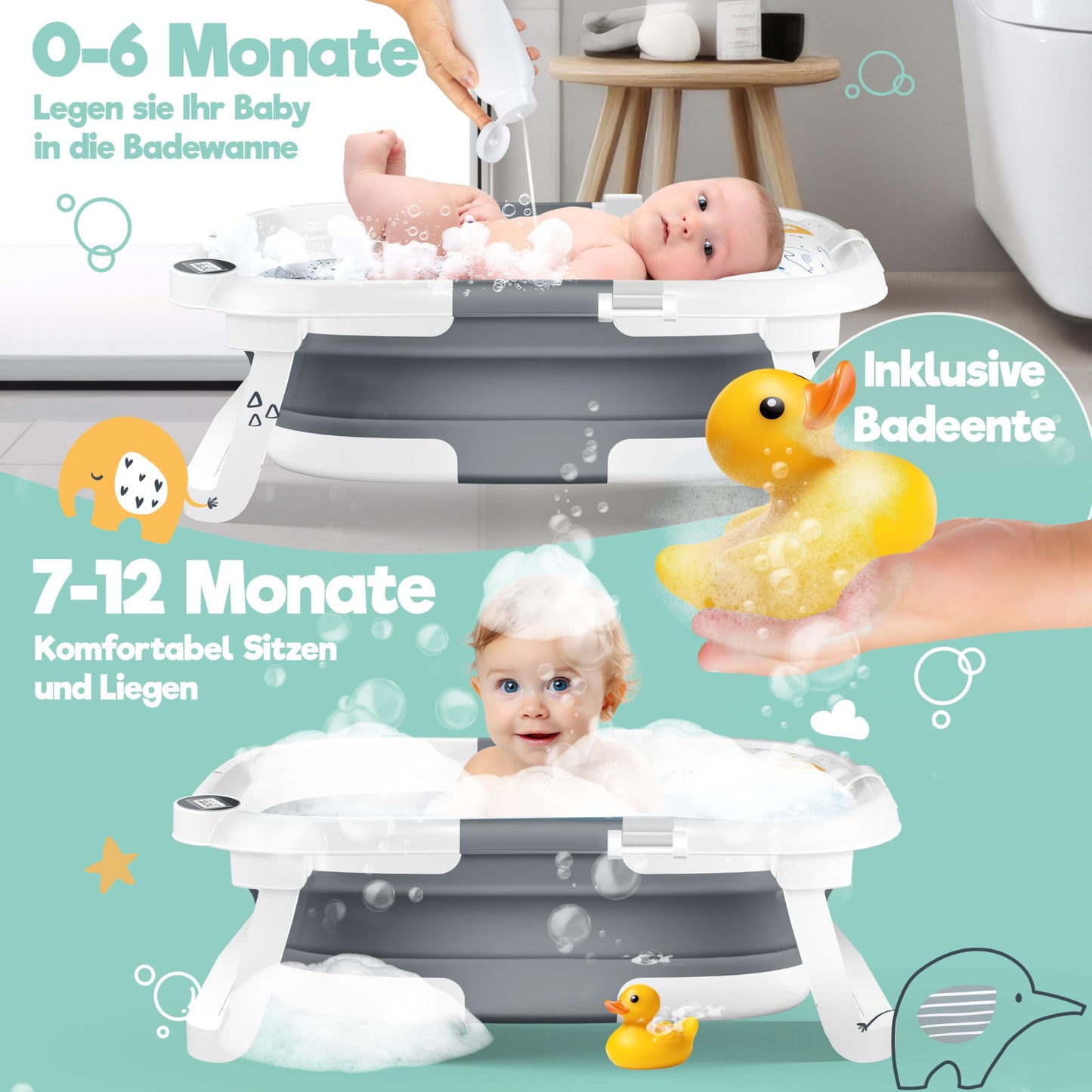 Baby Badewanne | Babywanne platzsparend & faltbar mit Thermostat & Kissen