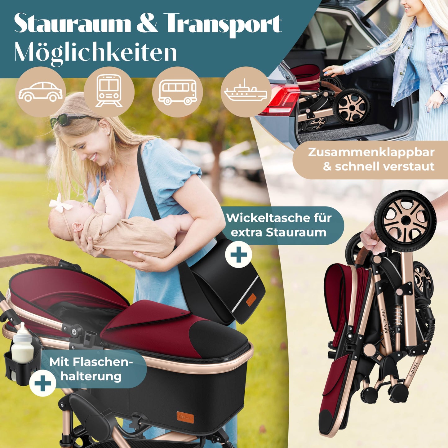 Kesser® Loops 3-in-1 Combination Pram, Complete Set Including Baby Tub & Buggy Sports Seat & Baby Car Seat, Full Rubber Tyres