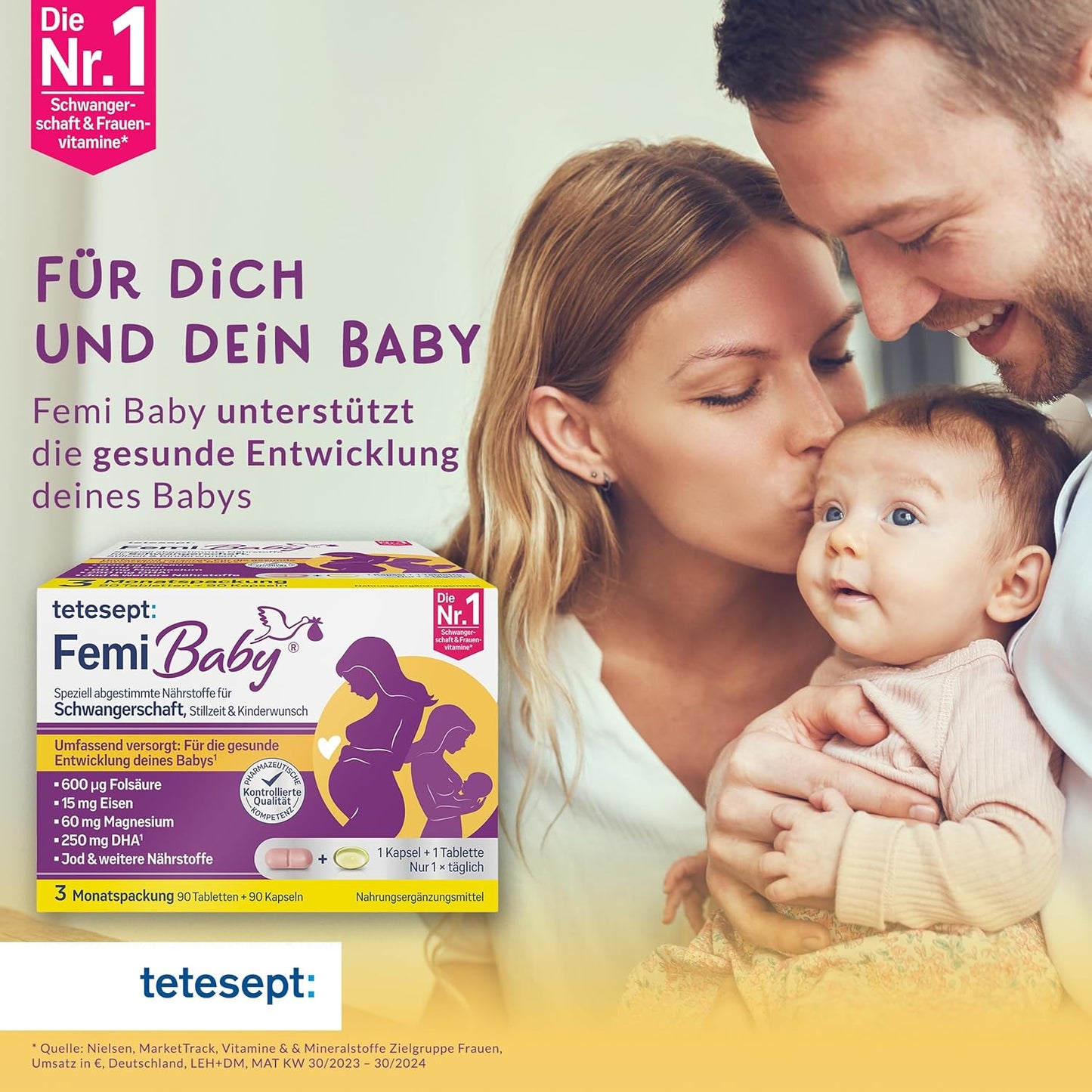 Tetesept Femi Baby - 16 Nutrients for Desiring Children, Pregnancy & Breastfeeding - with Folic Acid, Iron, Iodine + DHA - 1 x 3 Month Pack of 90 Tablets + 90 Capsules