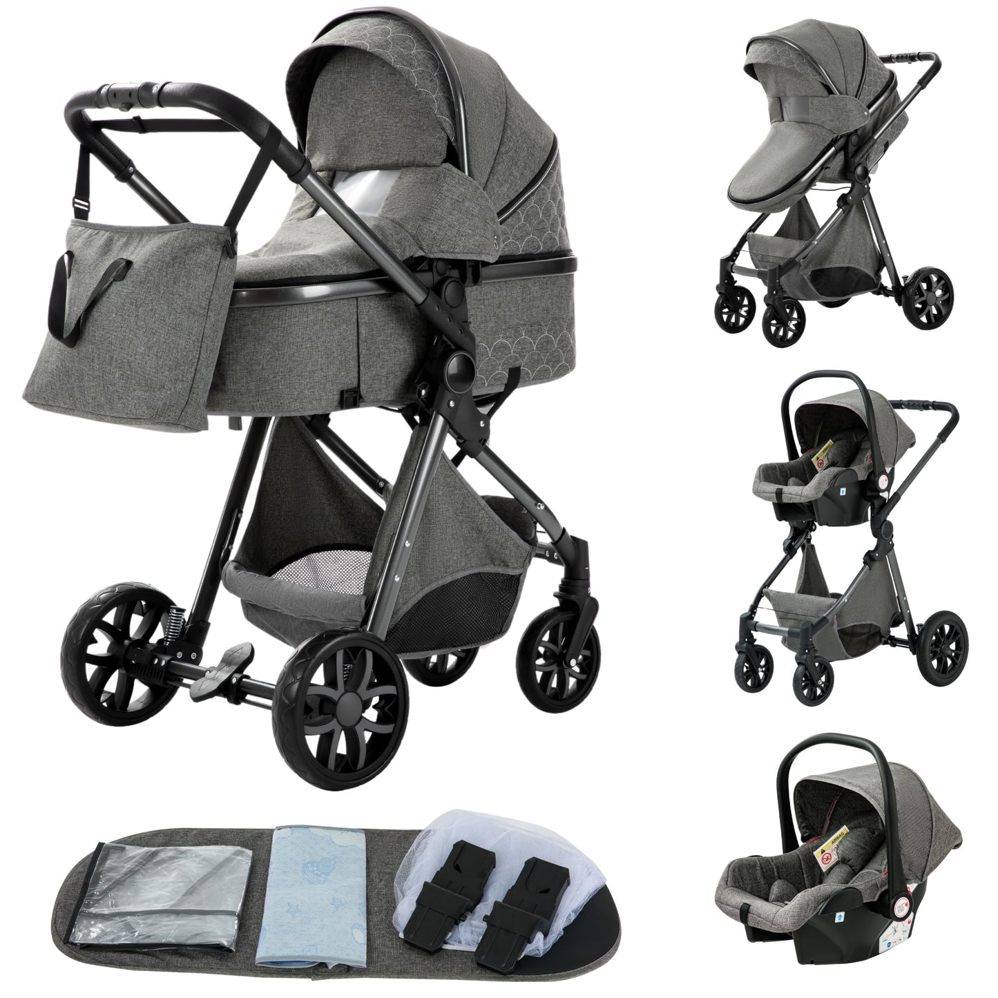 YAZOCO kinderwagen 3 in 1 Buggy Babybett Komplett Set Einem Klick Zusammenklappbarer Kinderwagen, KombiKinderwagen Aluminiumrahmen für Neugeborene