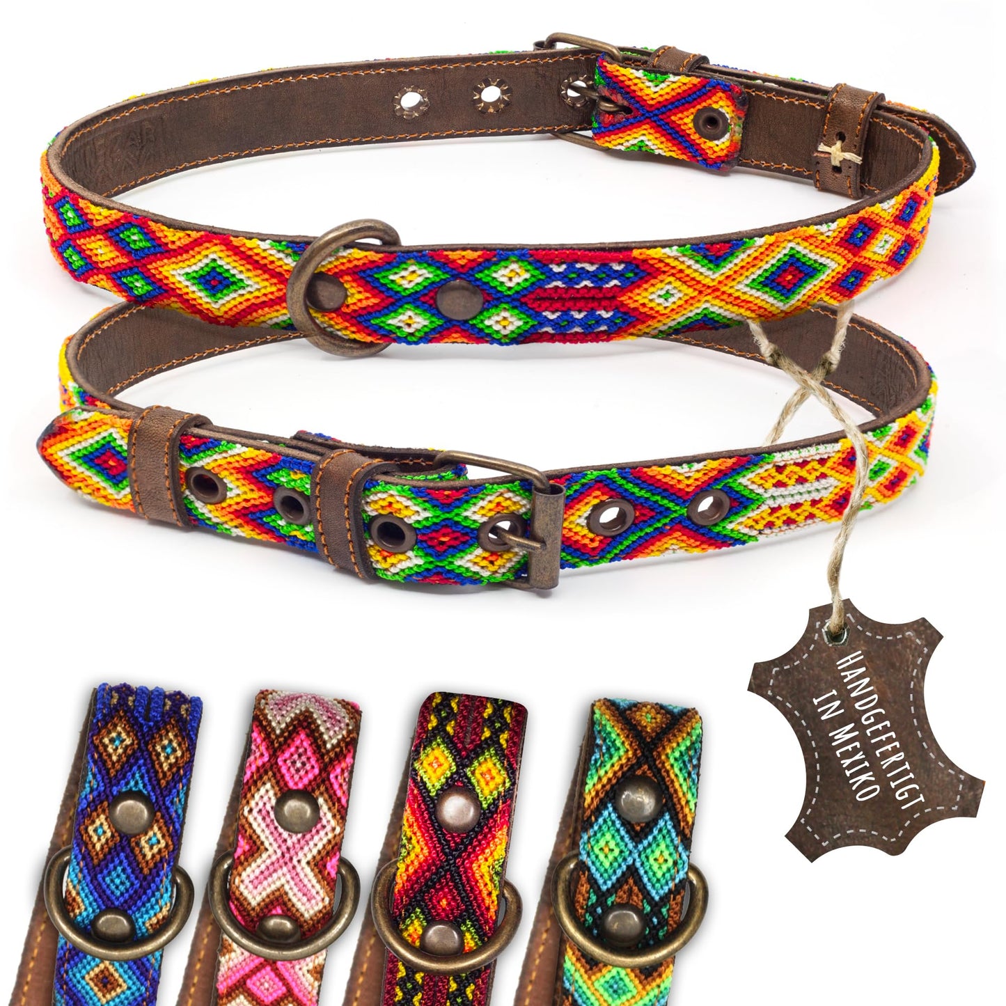 Hundehalsband Leder - braunes Rindsleder Tribal Grün/Braun/Beiges