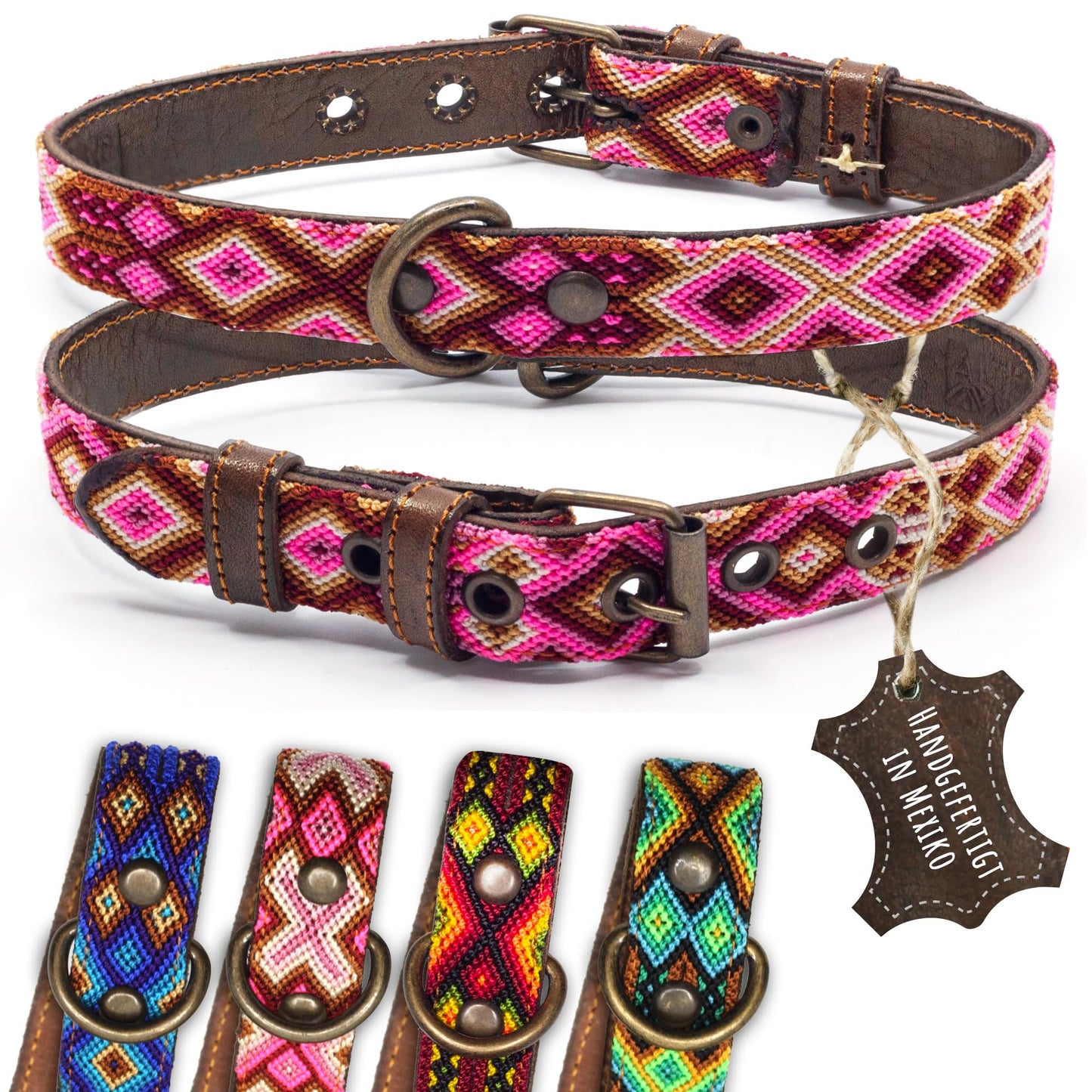Hundehalsband Leder - braunes Rindsleder Tribal Grün/Braun/Beiges