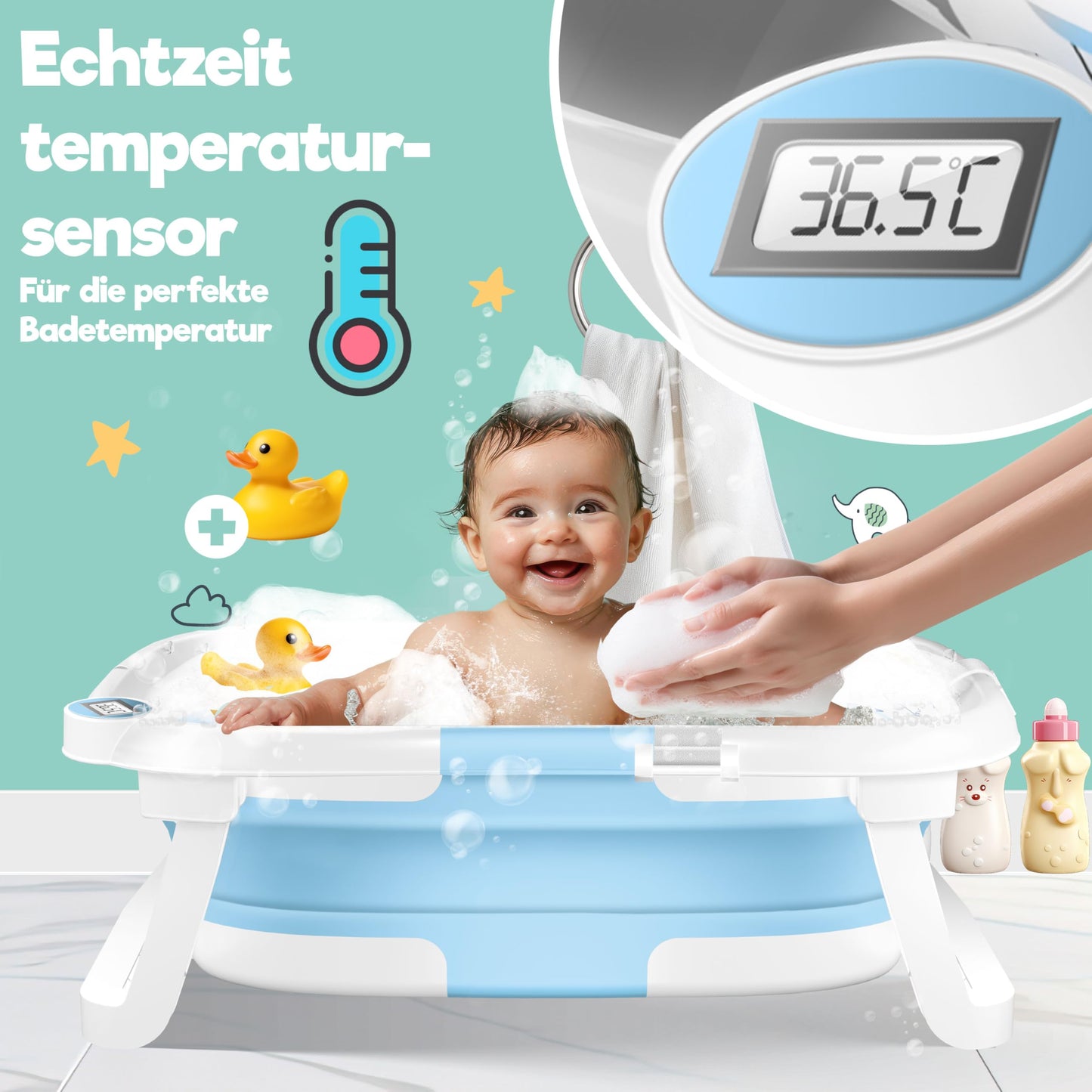 Baby Badewanne | Babywanne platzsparend & faltbar mit Thermostat & Kissen