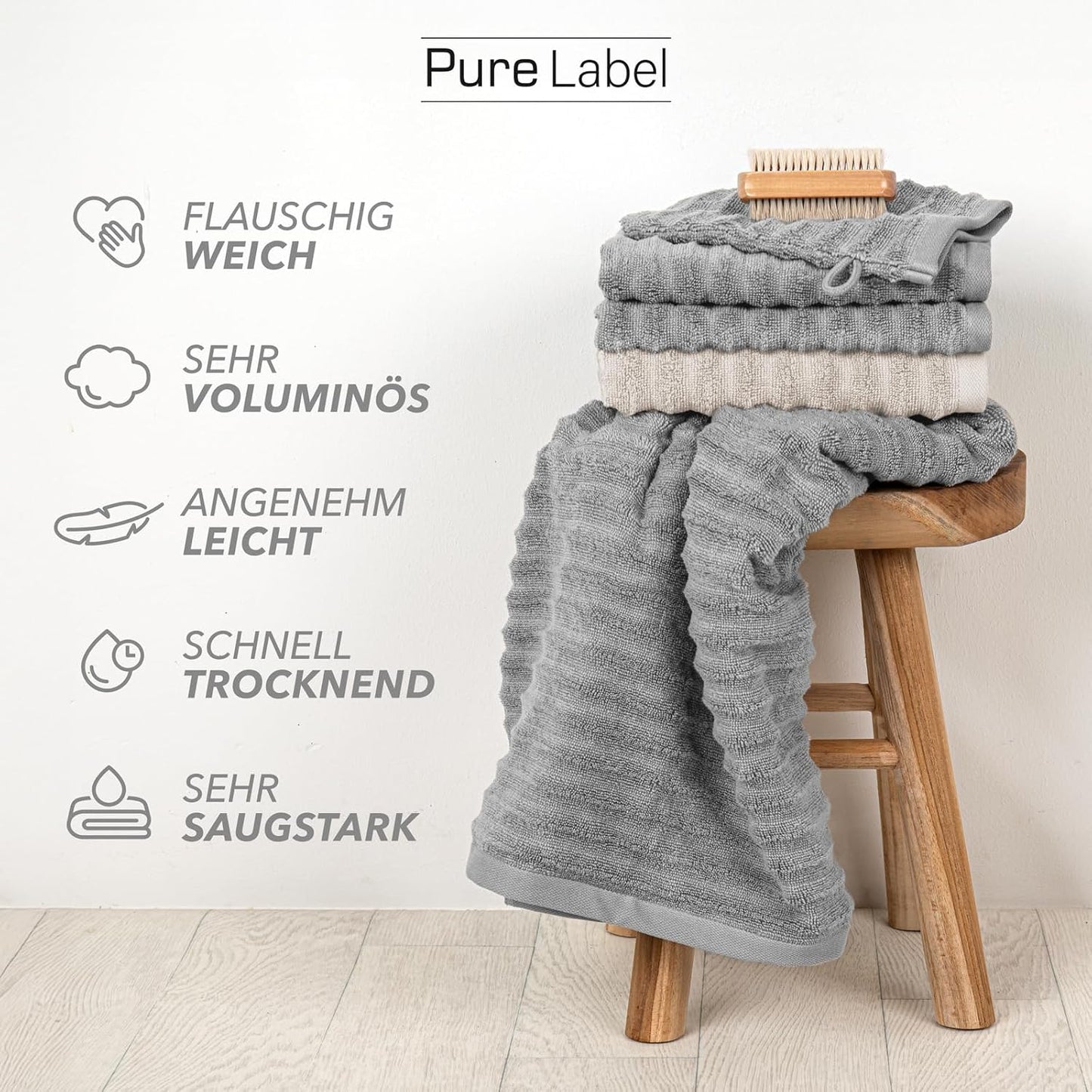 Pure Label 6-Piece Hand Towel Set with Hanging Loops Made of 100% Cotton, Absorbent and Soft, 2 x Bath Towels (70 x 140 cm), 2 x Hand Towels (50 x 100 cm), 2 x Guest Towels (30 x 50 cm),