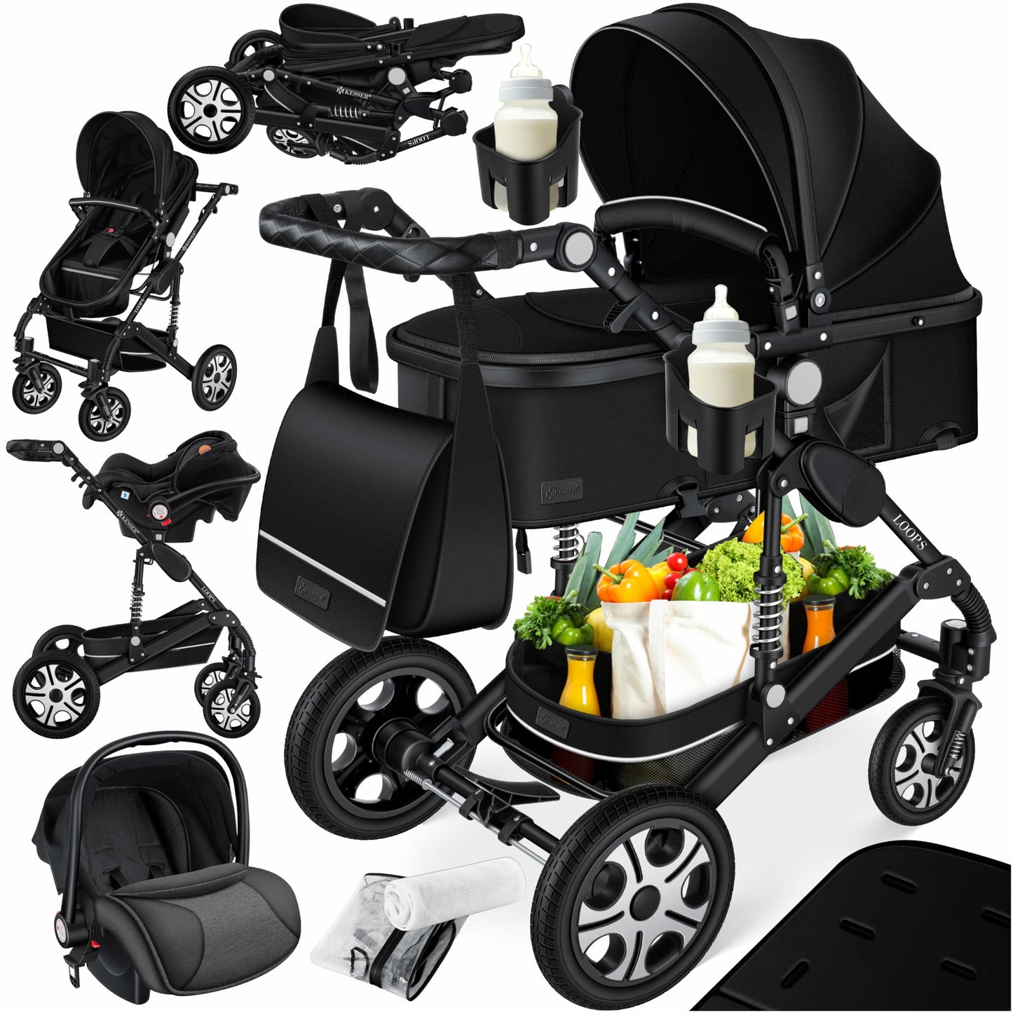 Kesser® Loops 3-in-1 Combination Pram, Complete Set Including Baby Tub & Buggy Sports Seat & Baby Car Seat, Full Rubber Tyres