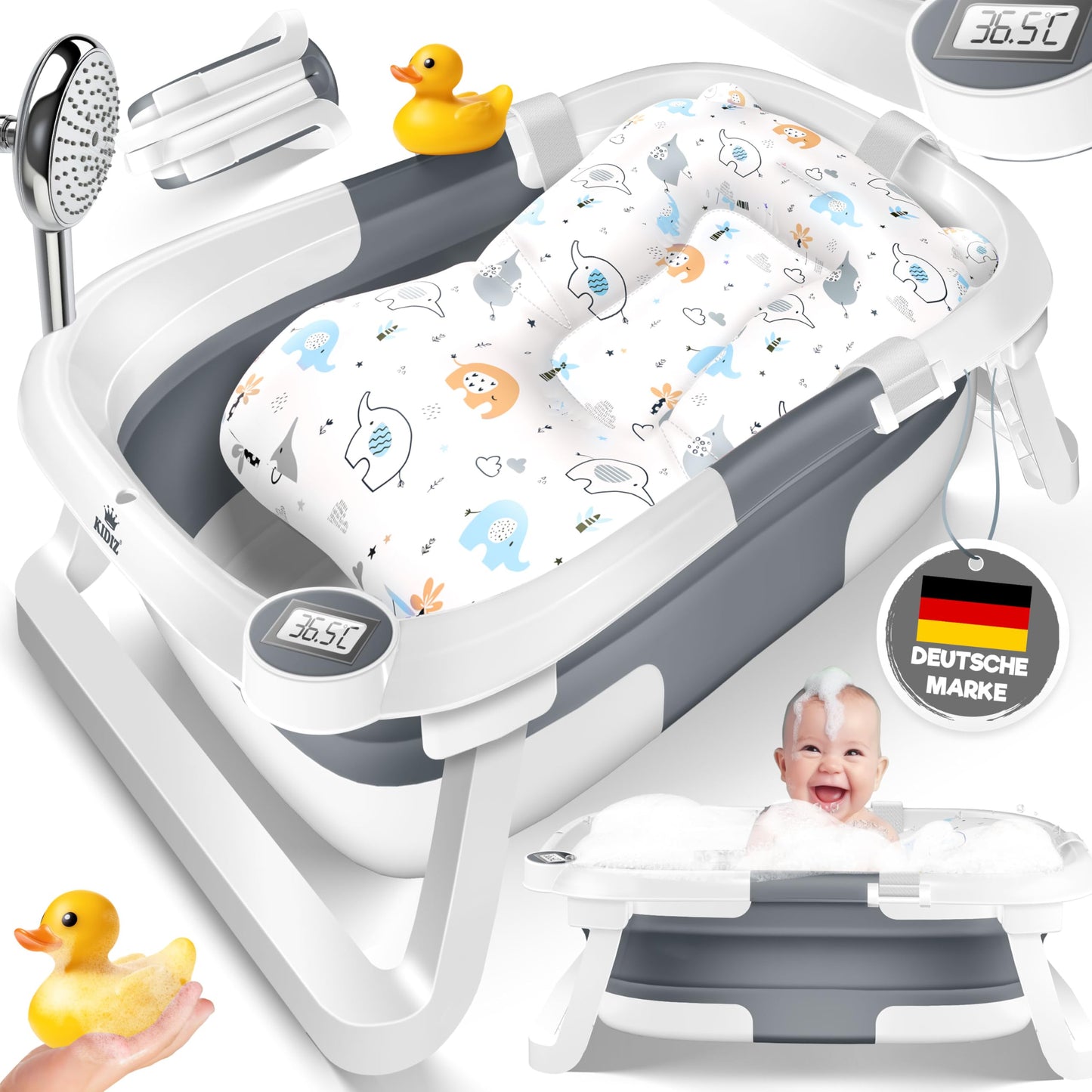 Baby Badewanne | Babywanne platzsparend & faltbar mit Thermostat & Kissen
