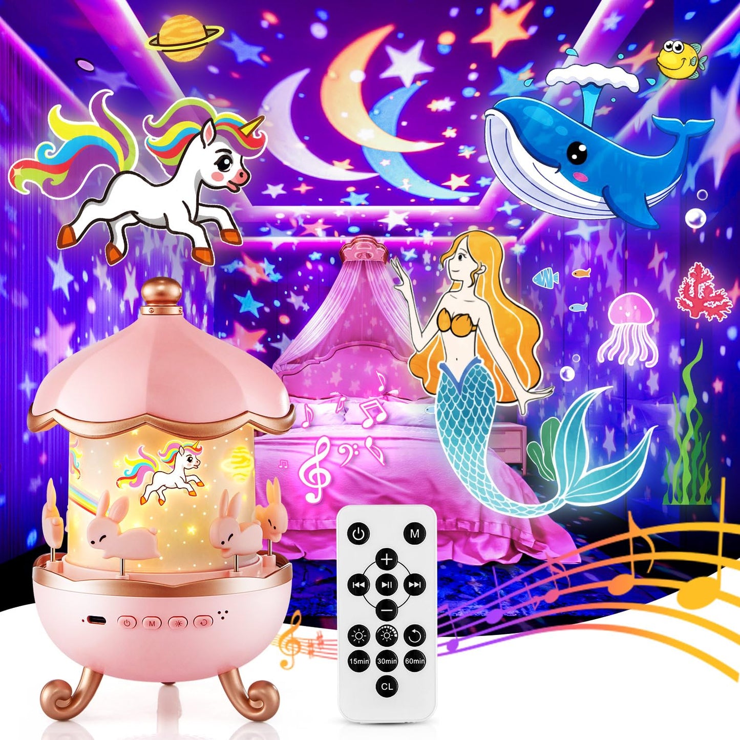 Starry Sky Projector Baby with 15 Films, Music Box Unicorn with 15 Music, 7 Colours Bedside Lamp, Night Light, Unicorn Toy, Girls Toy, Children's Room Decoration