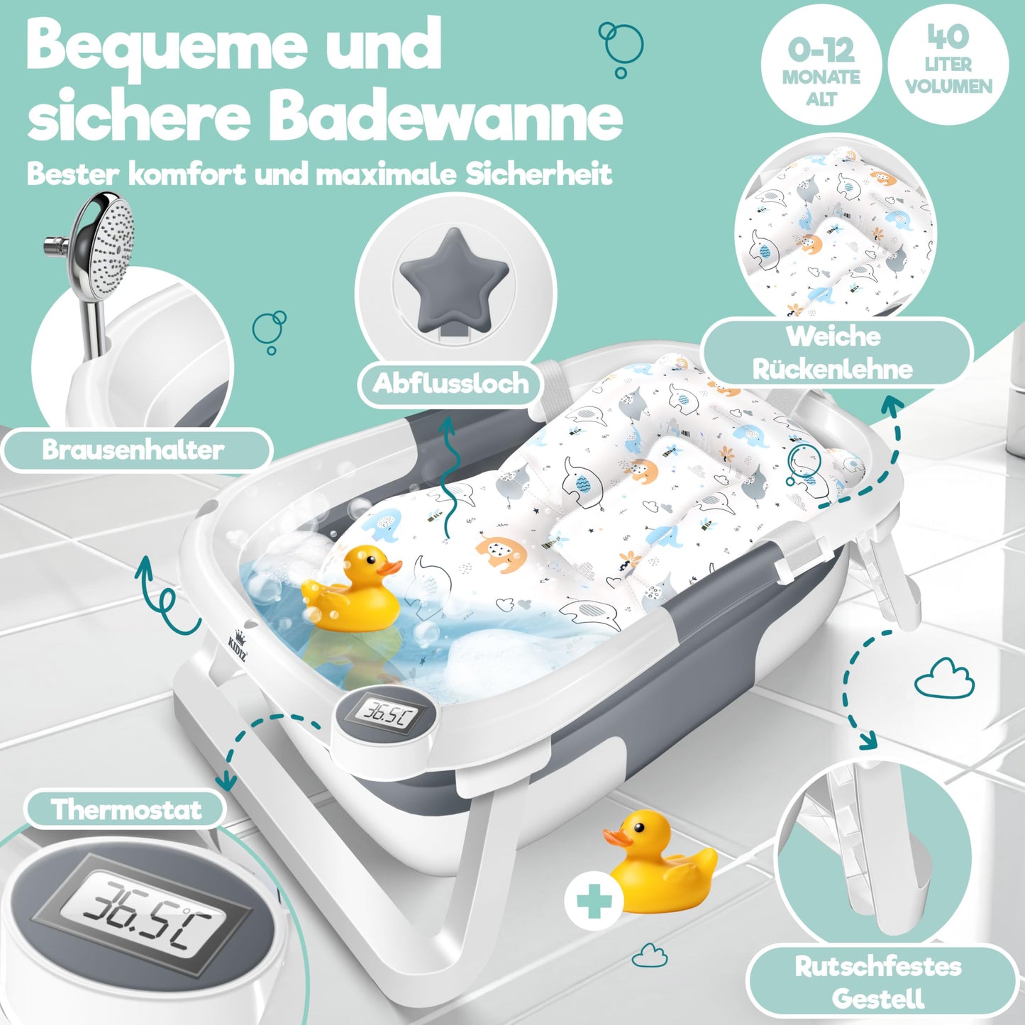 Baby Badewanne | Babywanne platzsparend & faltbar mit Thermostat & Kissen