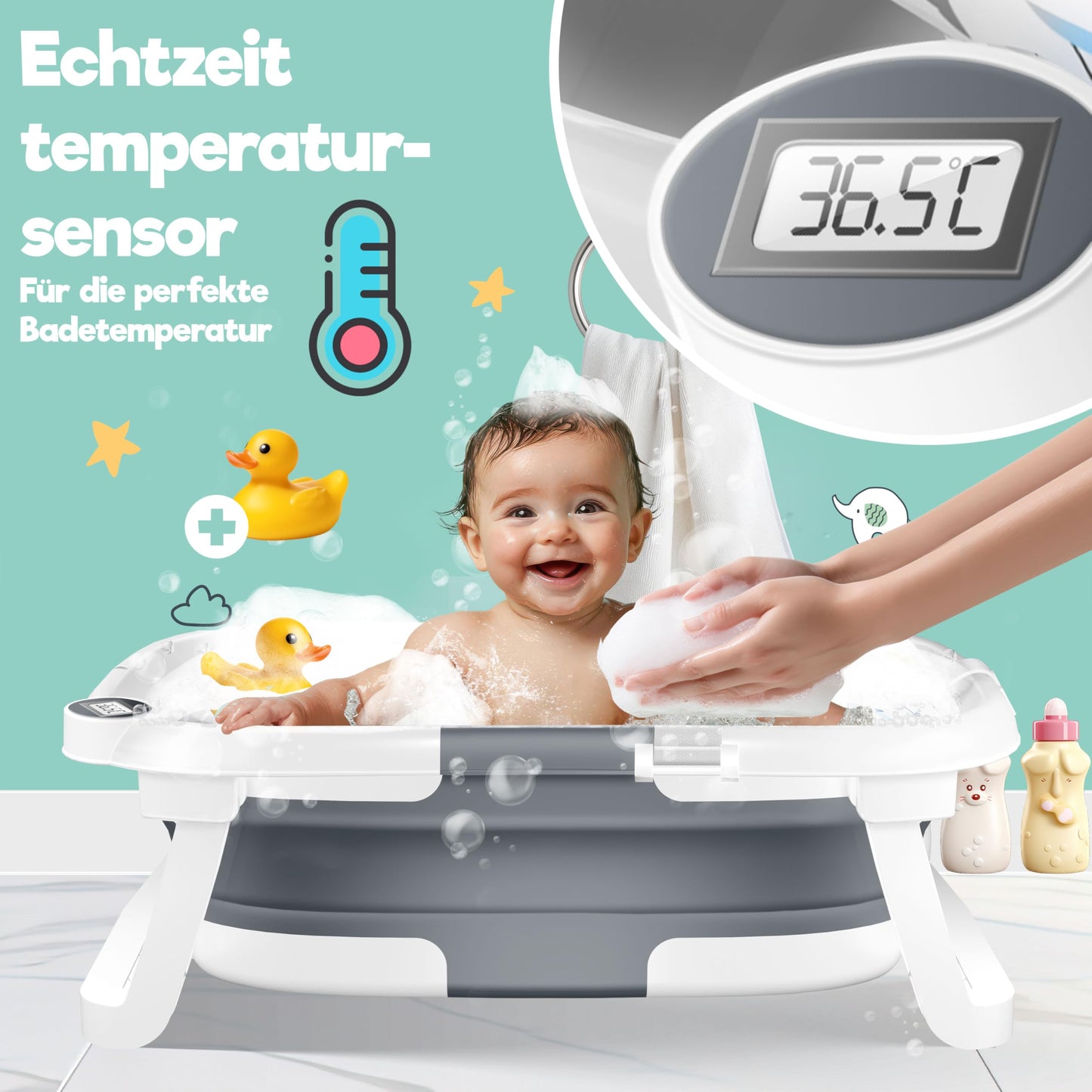 Baby Badewanne | Babywanne platzsparend & faltbar mit Thermostat & Kissen