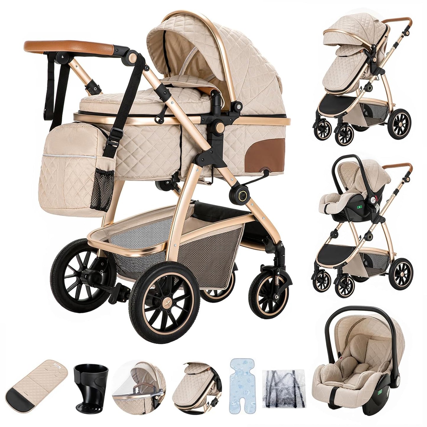 3-in-1 Pram Set with Seat, Baby Bed is Foldable, Adjustable Reclining Position,up to 15 kg, 0-3 Years