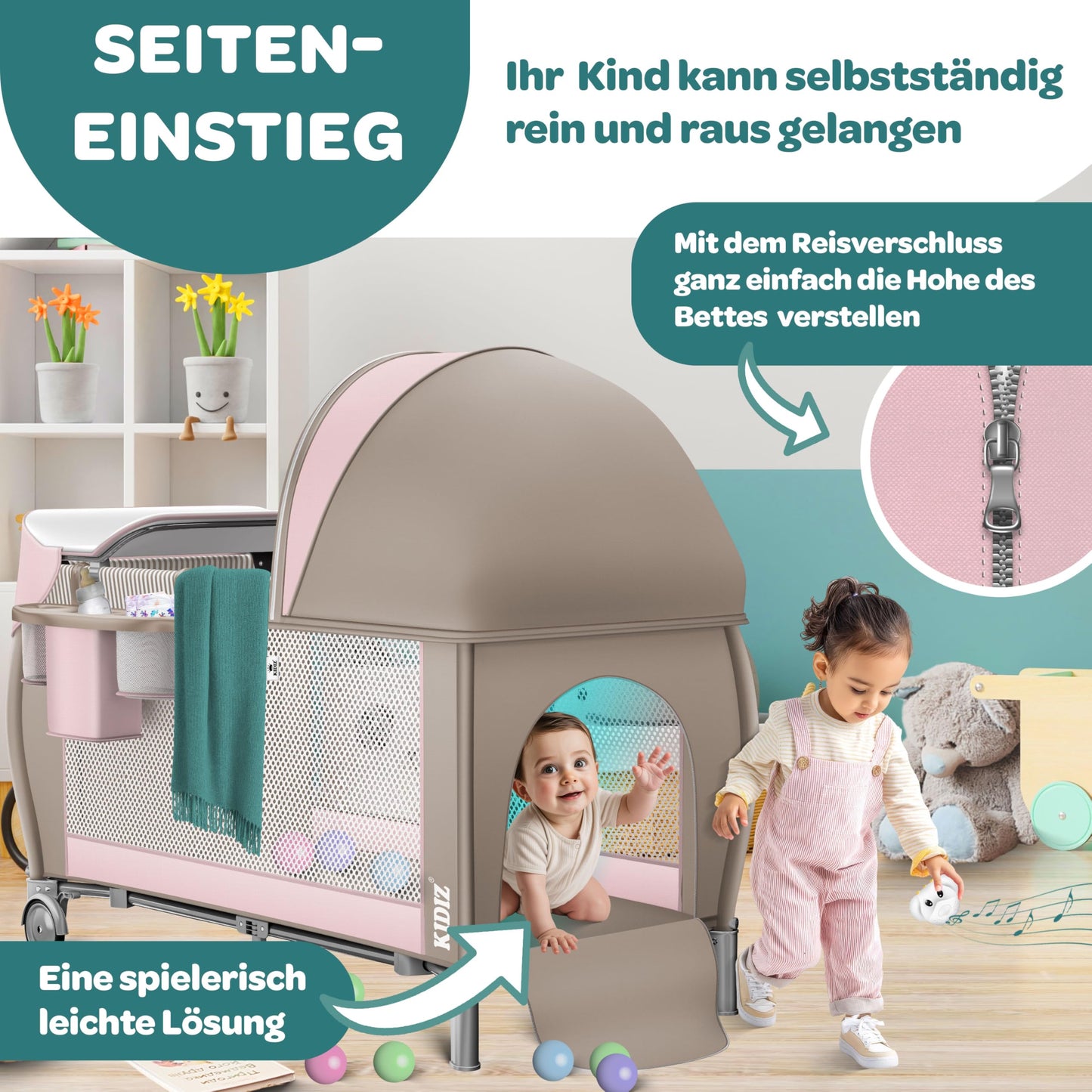 Kidiz Baby Cot, Travel Cot, Foldable with Mattress and Wheels, 120 x 60 cm, Side Entrance