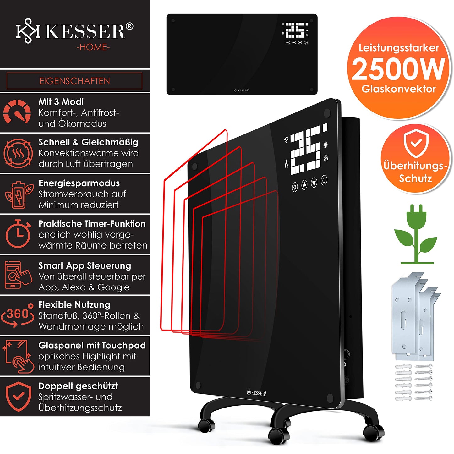 KESSER® Glass Convector, Glass Heater, Electric Radiator, WiFi App Function, Includes Remote Control Electric Heater Standing or Wall Heating Radiator | Touch Screen | LCD Display | Timer | 2500 Watt