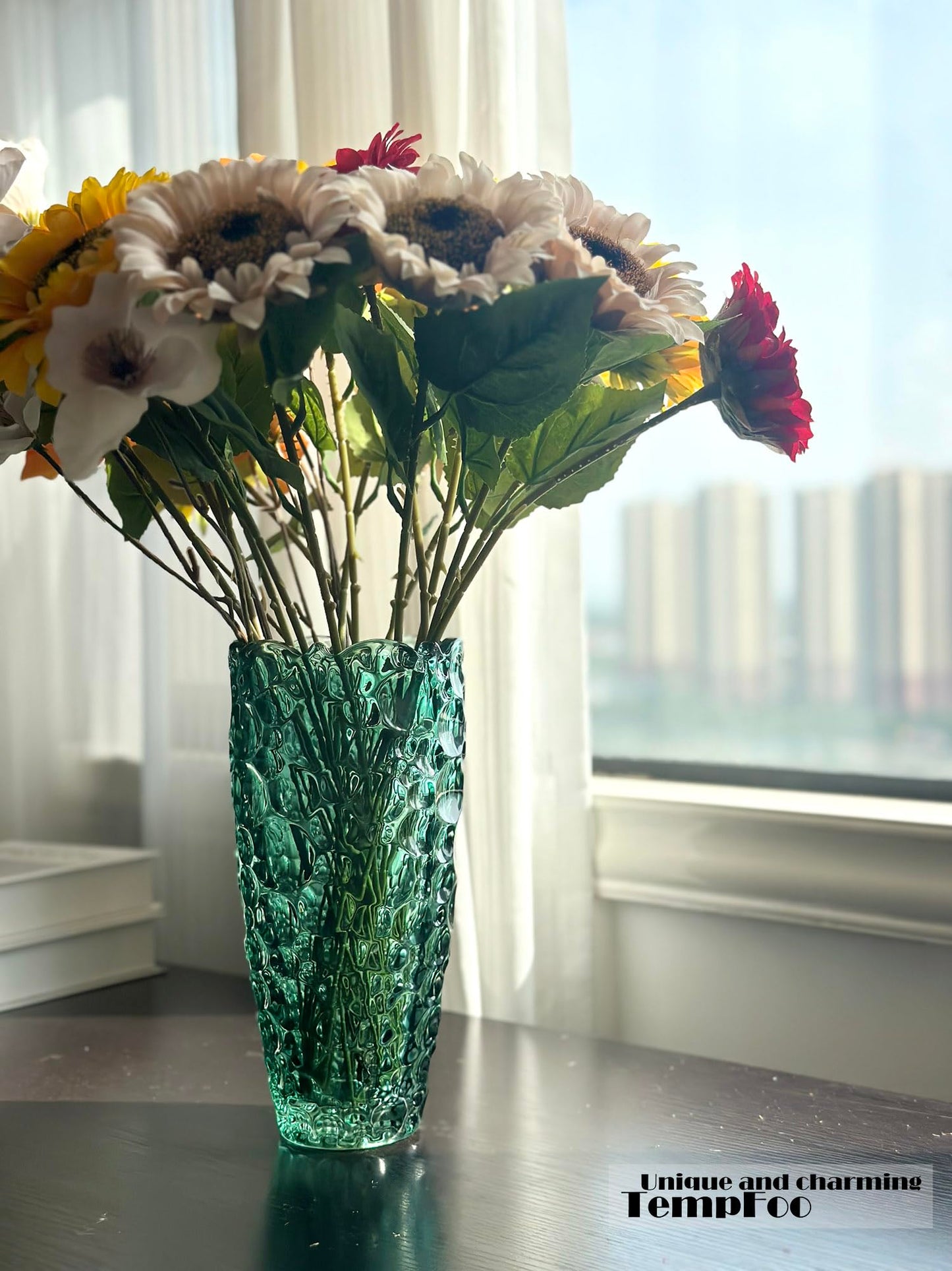 Black Grey Vase, Flower Vase, Large Tall Glass Vases for Decoration, Aesthetic, Large Glass Vase with Ribbed Texture, Modern Living Room, Black Art Decoration