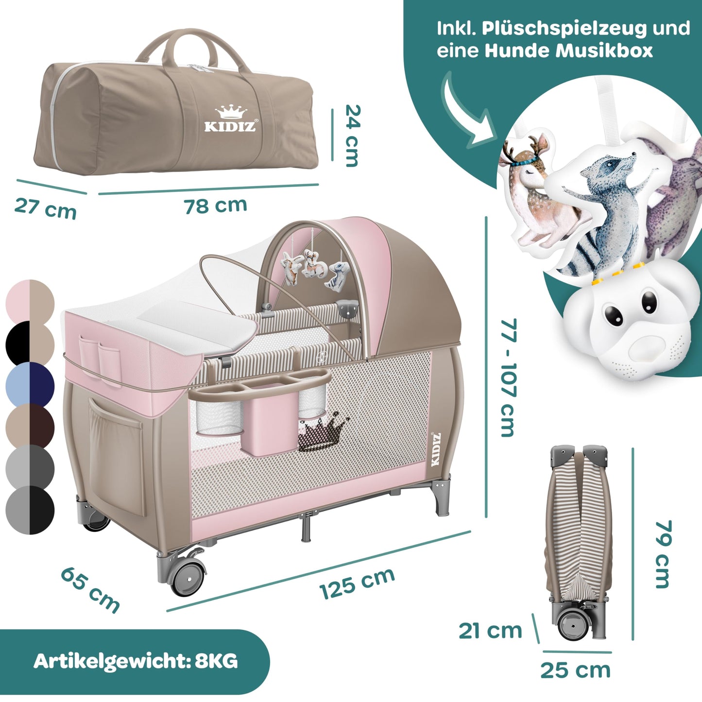 Kidiz Baby Cot, Travel Cot, Foldable with Mattress and Wheels, 120 x 60 cm, Side Entrance