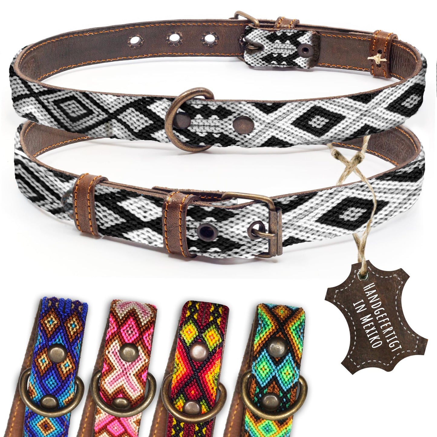 Hundehalsband Leder - braunes Rindsleder Tribal Grün/Braun/Beiges