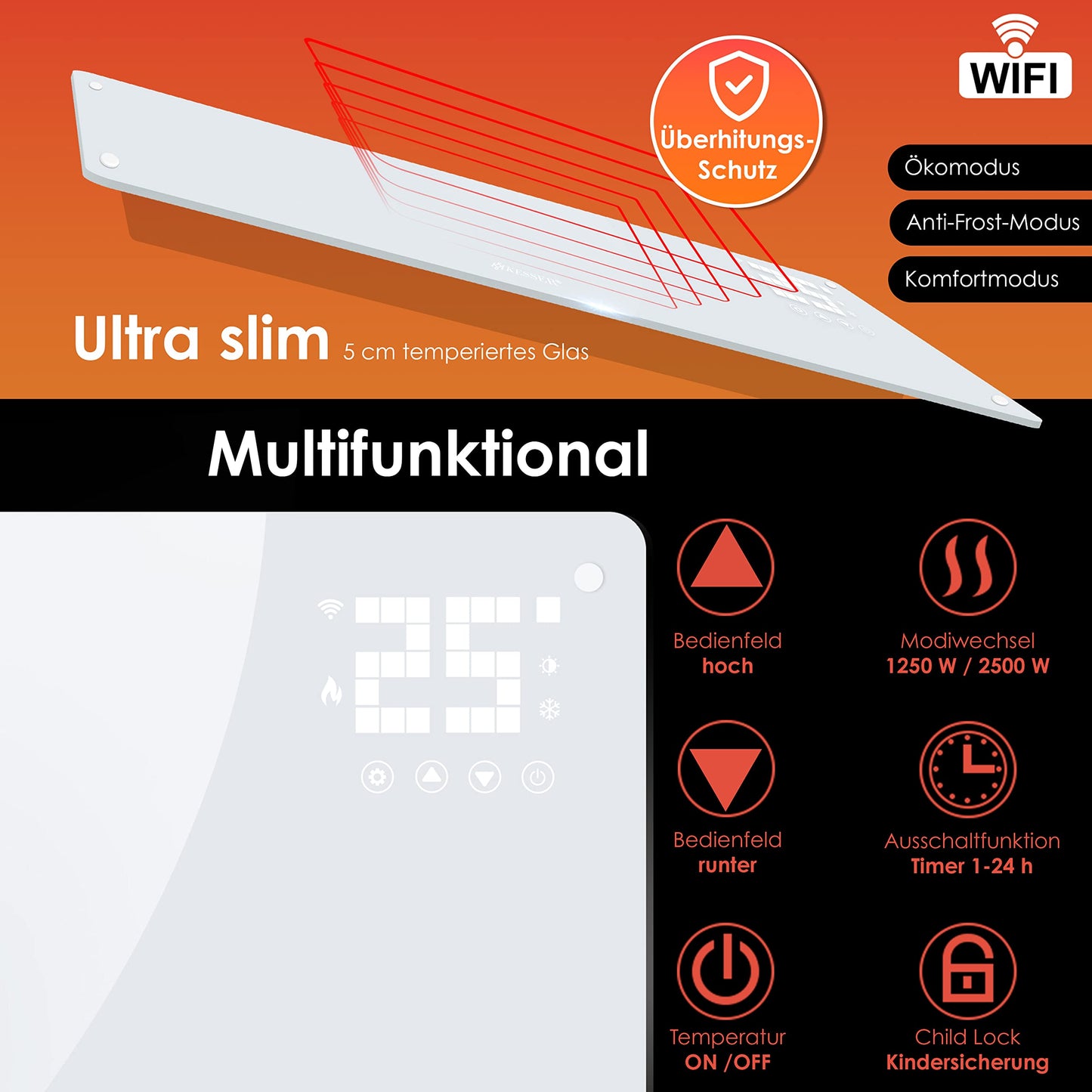 KESSER® Glass Convector, Glass Heater, Electric Radiator, WiFi App Function, Includes Remote Control Electric Heater Standing or Wall Heating Radiator | Touch Screen | LCD Display | Timer | 2500 Watt