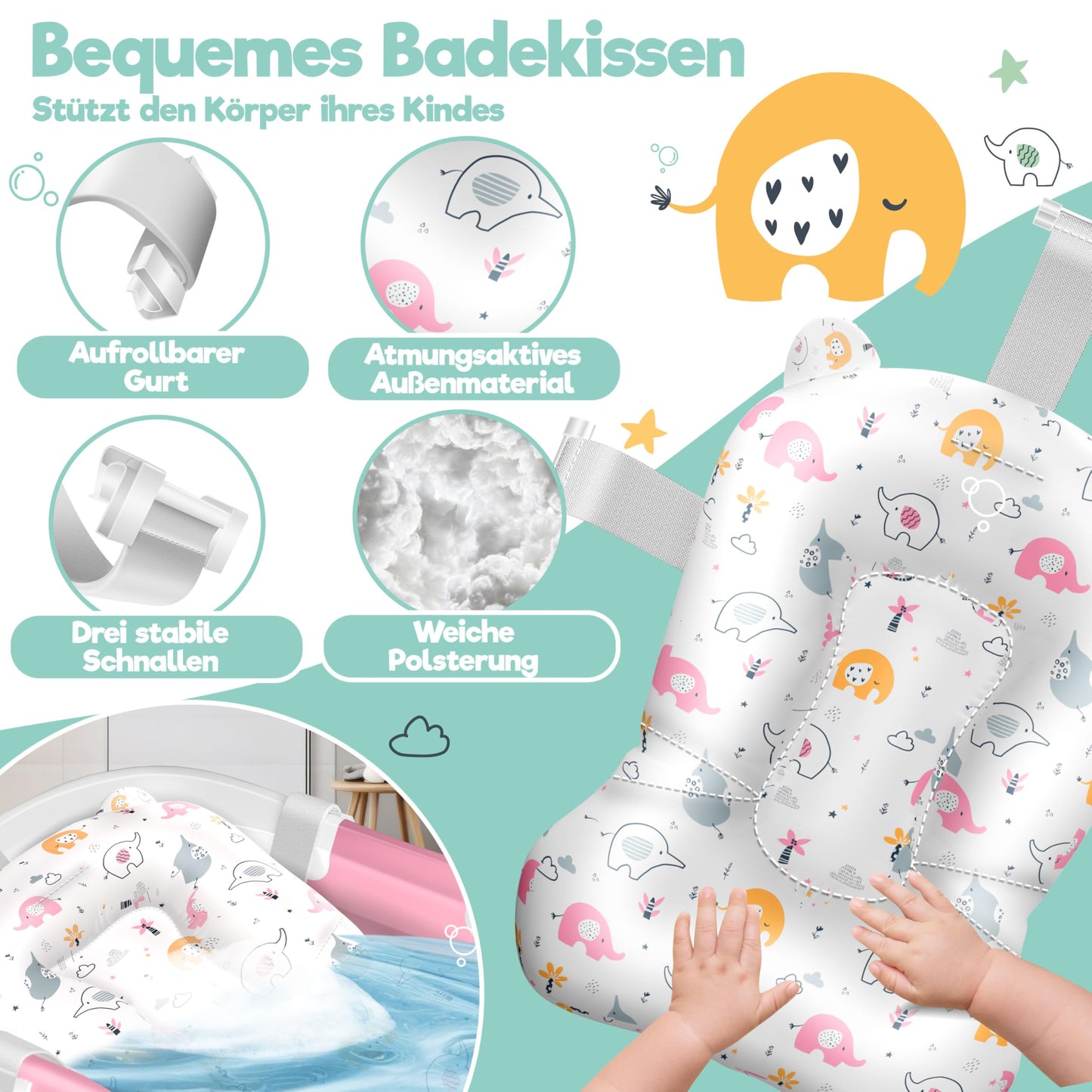 Baby Badewanne | Babywanne platzsparend & faltbar mit Thermostat & Kissen