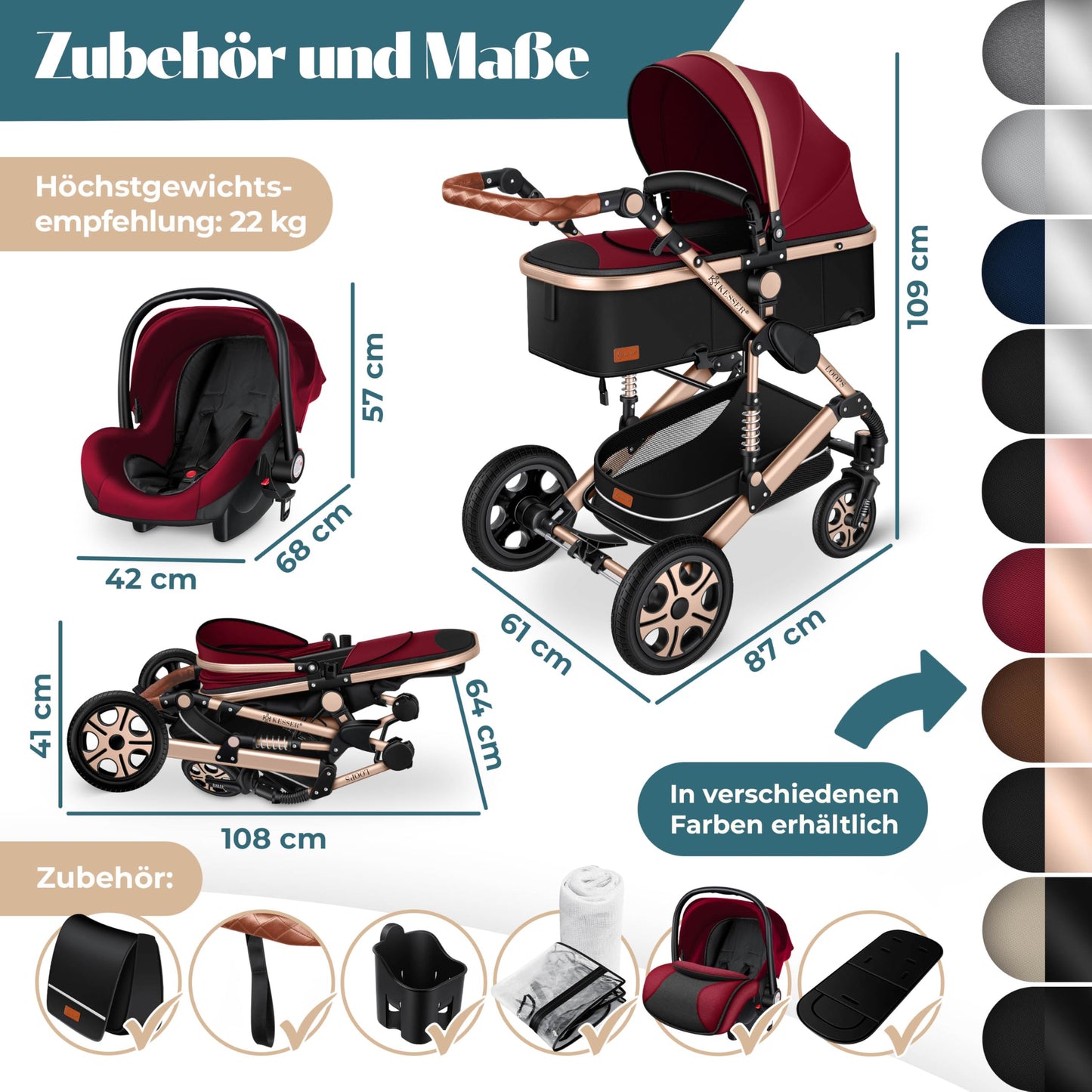 Kesser® Loops 3-in-1 Combination Pram, Complete Set Including Baby Tub & Buggy Sports Seat & Baby Car Seat, Full Rubber Tyres