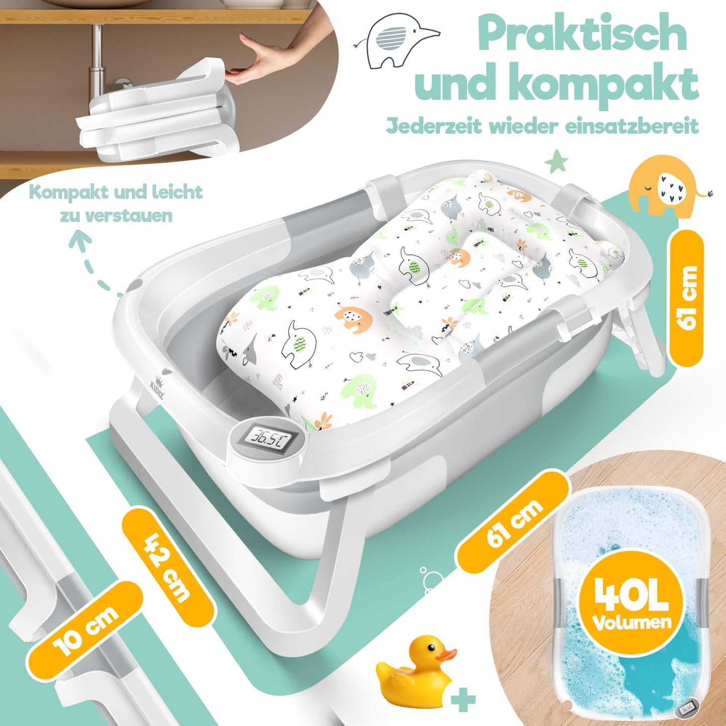 Baby Badewanne | Babywanne platzsparend & faltbar mit Thermostat & Kissen