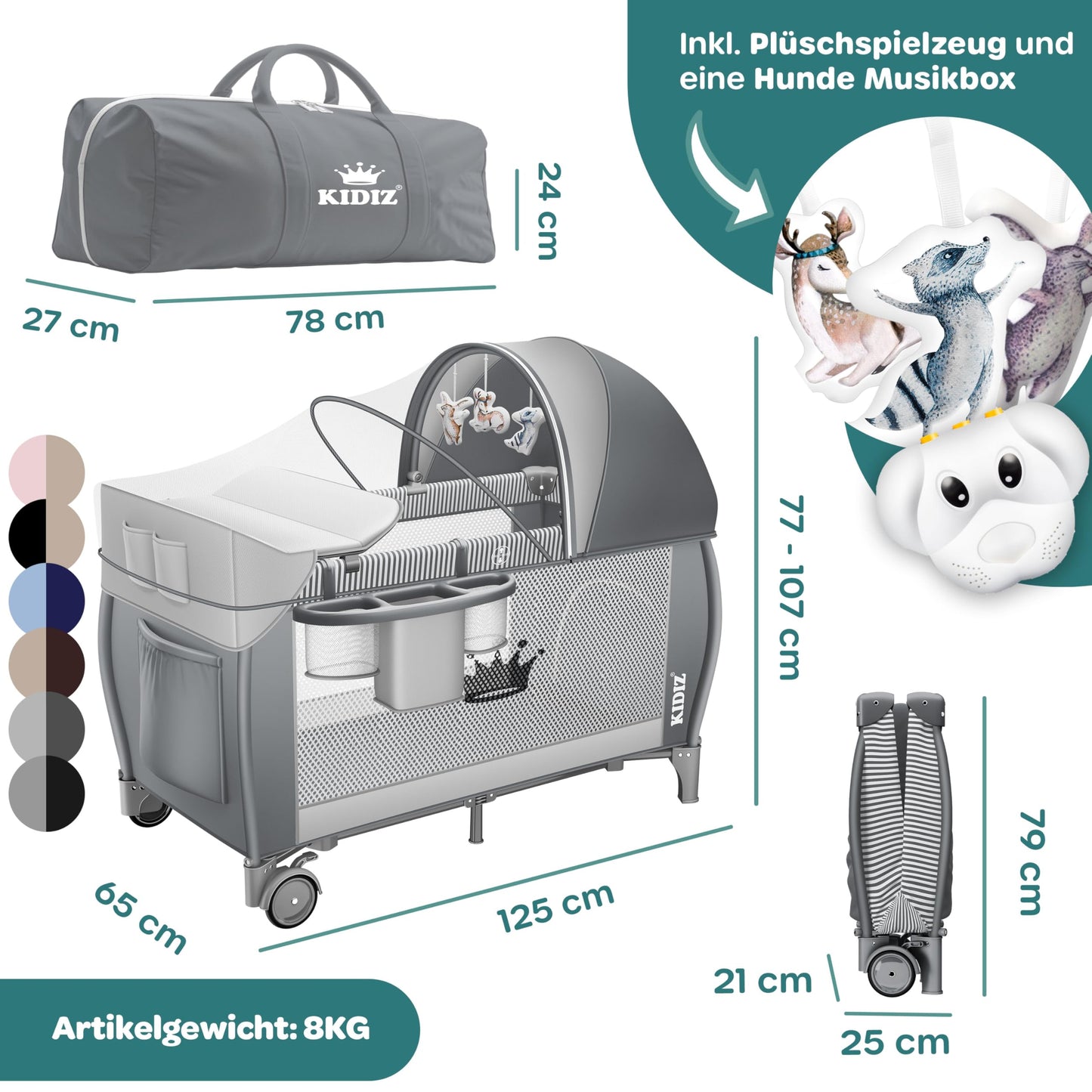 Kidiz Baby Cot, Travel Cot, Foldable with Mattress and Wheels, 120 x 60 cm, Side Entrance