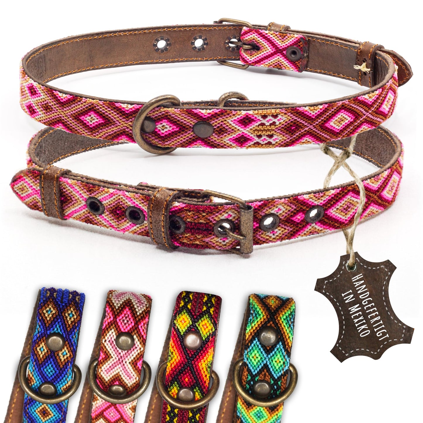 Hundehalsband Leder - braunes Rindsleder Tribal Grün/Braun/Beiges