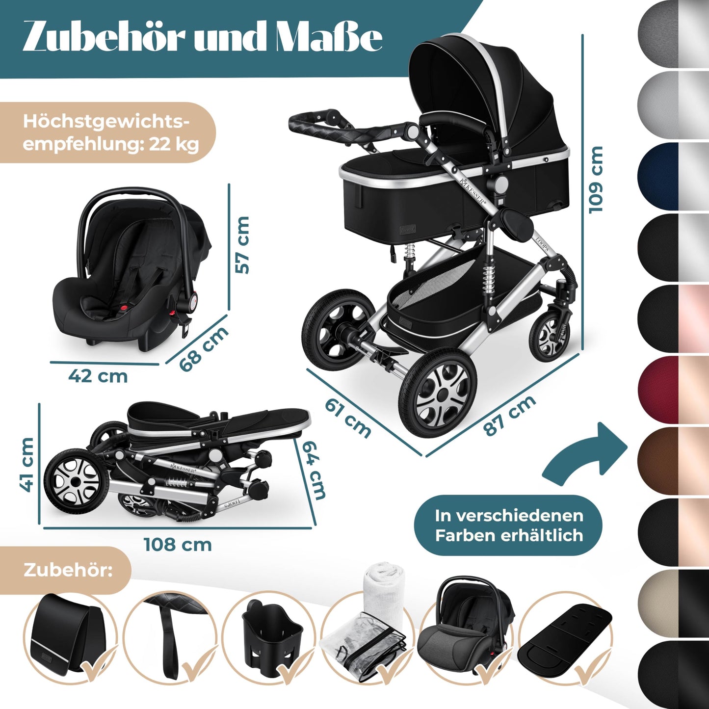 Kesser® Loops 3-in-1 Combination Pram, Complete Set Including Baby Tub & Buggy Sports Seat & Baby Car Seat, Full Rubber Tyres