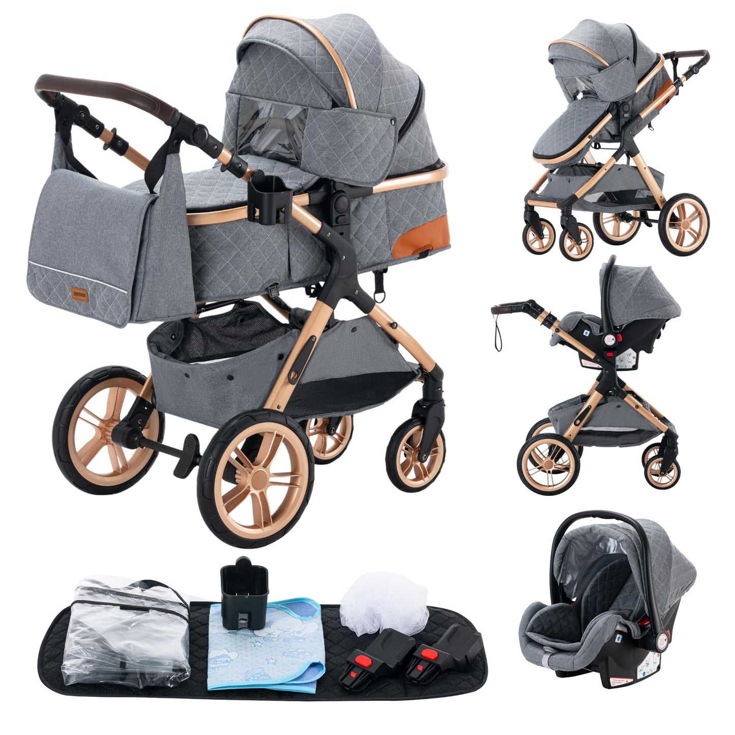 YAZOCO kinderwagen 3 in 1 Buggy Babybett Komplett Set Einem Klick Zusammenklappbarer Kinderwagen, KombiKinderwagen Aluminiumrahmen für Neugeborene