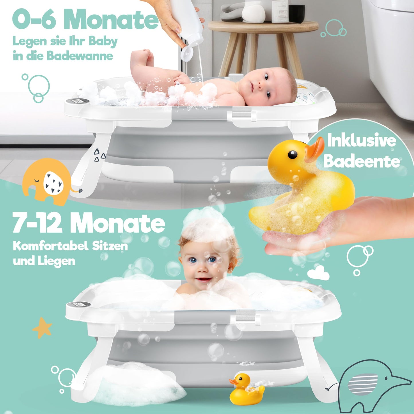 Baby Badewanne | Babywanne platzsparend & faltbar mit Thermostat & Kissen