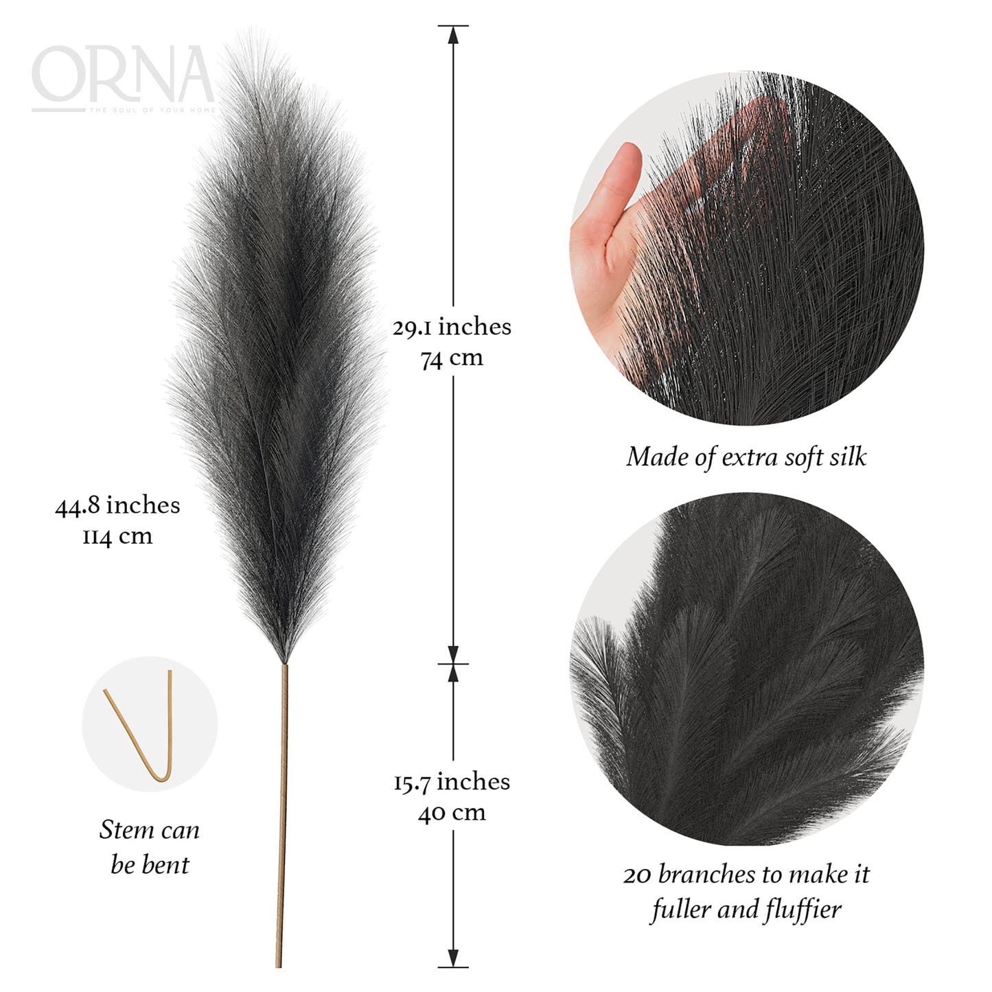 ORNA Artificial Pampas Grass Artificial Flower Long Branches Extra Fluffy 114 cm High (3 Stems x 20 Forks) for Modern Home Decoration