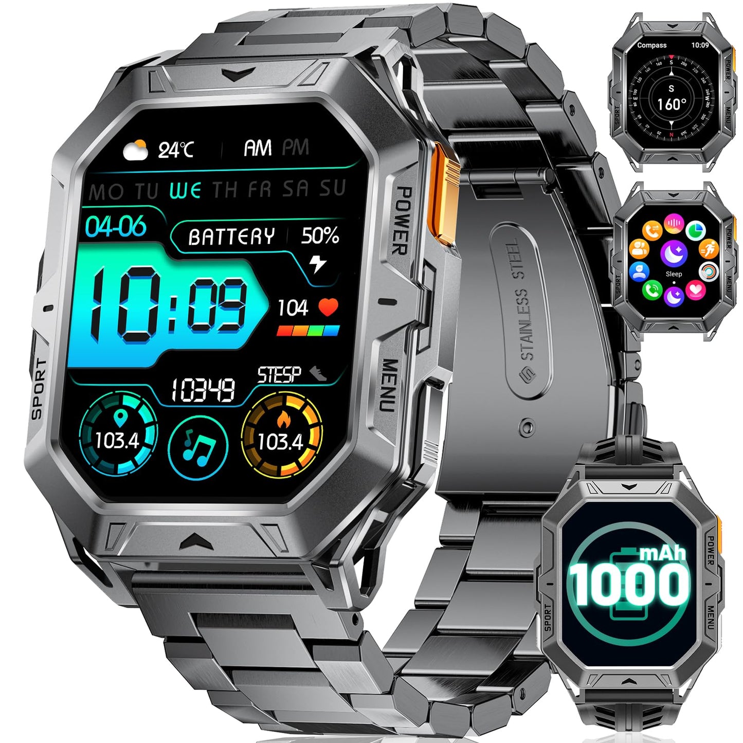 Smartwatch Herren MilitĂ€r, 2.13" AMOLED mit 256 MB,1000mAh Akku, Barometerdruck/ Höhenmesser/Kompass, Smart Watch mit Telefonfunktion, 100+ Sportmodi Fitness-Tracker, 10ATM Wasserdicht fĂŒr Android iOS