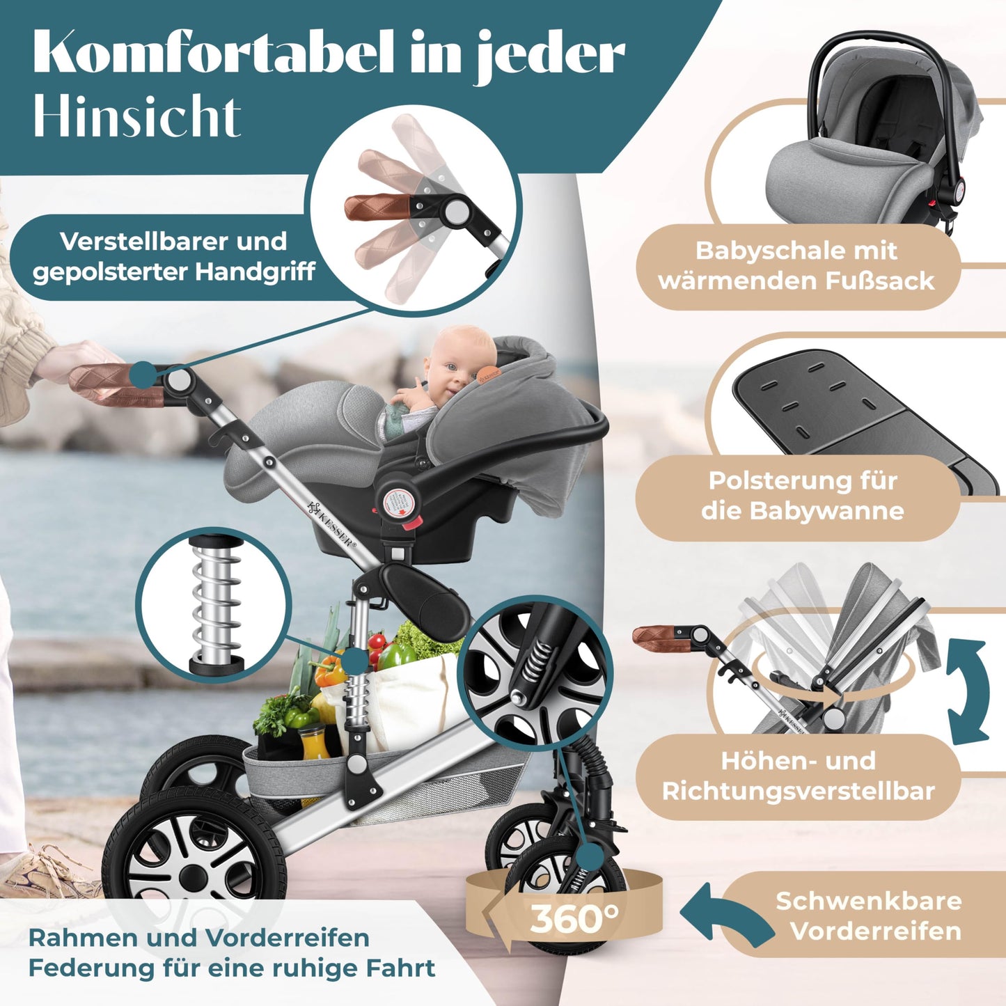 Kesser® Loops 3-in-1 Combination Pram, Complete Set Including Baby Tub & Buggy Sports Seat & Baby Car Seat, Full Rubber Tyres