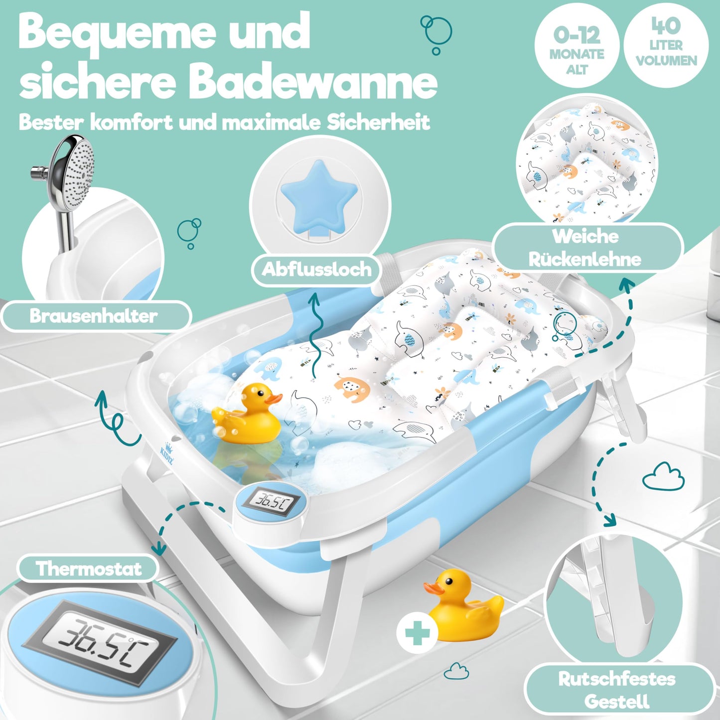 Baby Badewanne | Babywanne platzsparend & faltbar mit Thermostat & Kissen