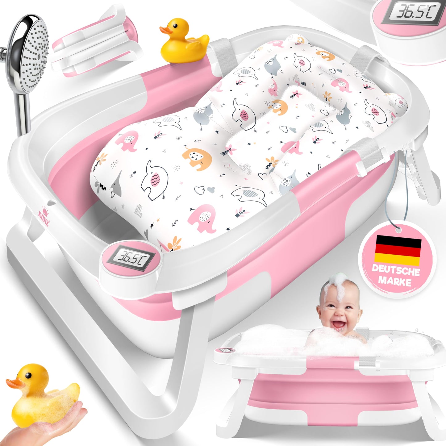 Baby Badewanne | Babywanne platzsparend & faltbar mit Thermostat & Kissen