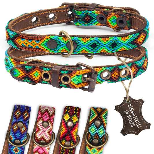 Hundehalsband Leder - braunes Rindsleder Tribal Grün/Braun/Beiges