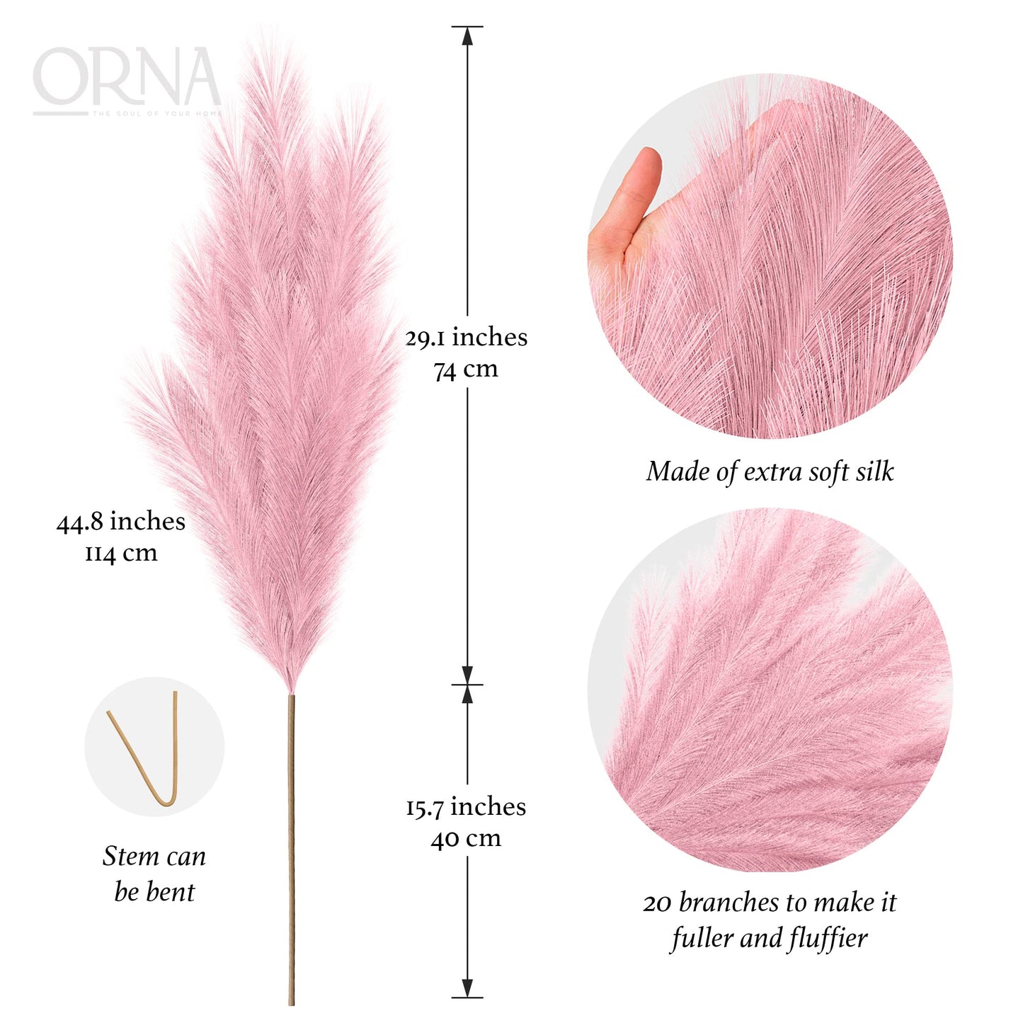 ORNA Artificial Pampas Grass Artificial Flower Long Branches Extra Fluffy 114 cm High (3 Stems x 20 Forks) for Modern Home Decoration