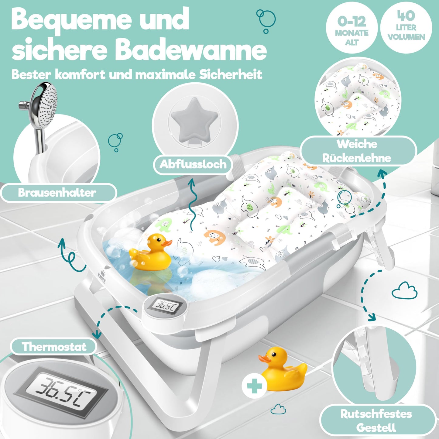 Baby Badewanne | Babywanne platzsparend & faltbar mit Thermostat & Kissen