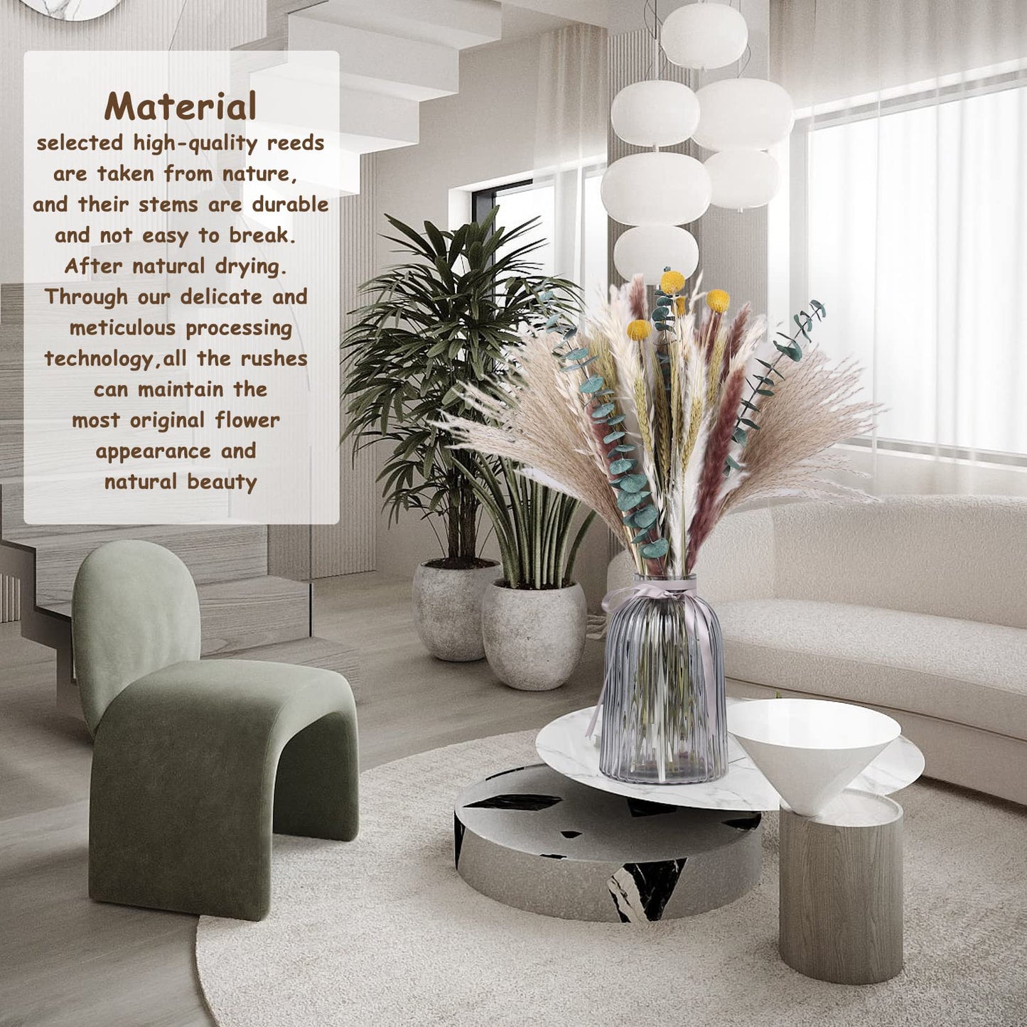 Dried Pampas Grass 60 Pieces Natural Dried Flowers Decoration, Bouquet Reed Flower Decoration for Living Room Bedroom