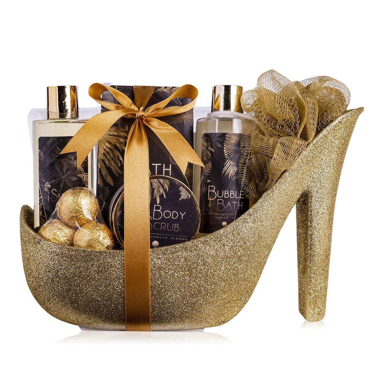 Accentra Luxury Bath Set Gift Set in Beautiful Golden Glitter Pumps, 9-Piece Luxury Beauty Set Shower Set - for a Relaxed Spa Experience
