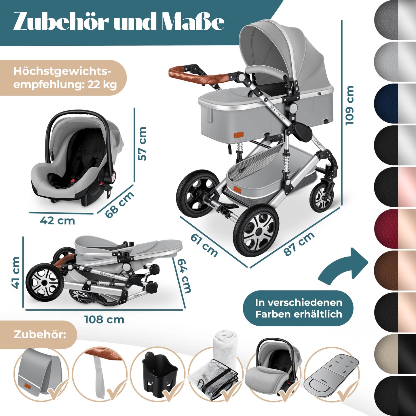Kesser® Loops 3-in-1 Combination Pram, Complete Set Including Baby Tub & Buggy Sports Seat & Baby Car Seat, Full Rubber Tyres