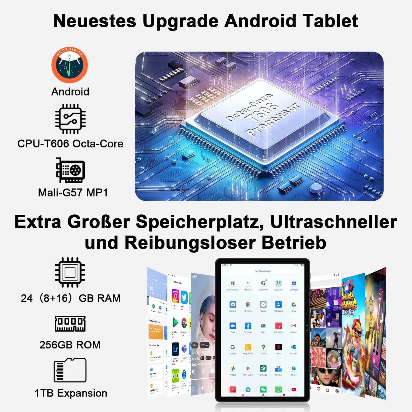 Tablet 11 Zoll Android mit, 24GB RAM 256GB ROM TF 1TB, Octa-Core, GMS, 5G WiFi 6, Bluetooth 5.0