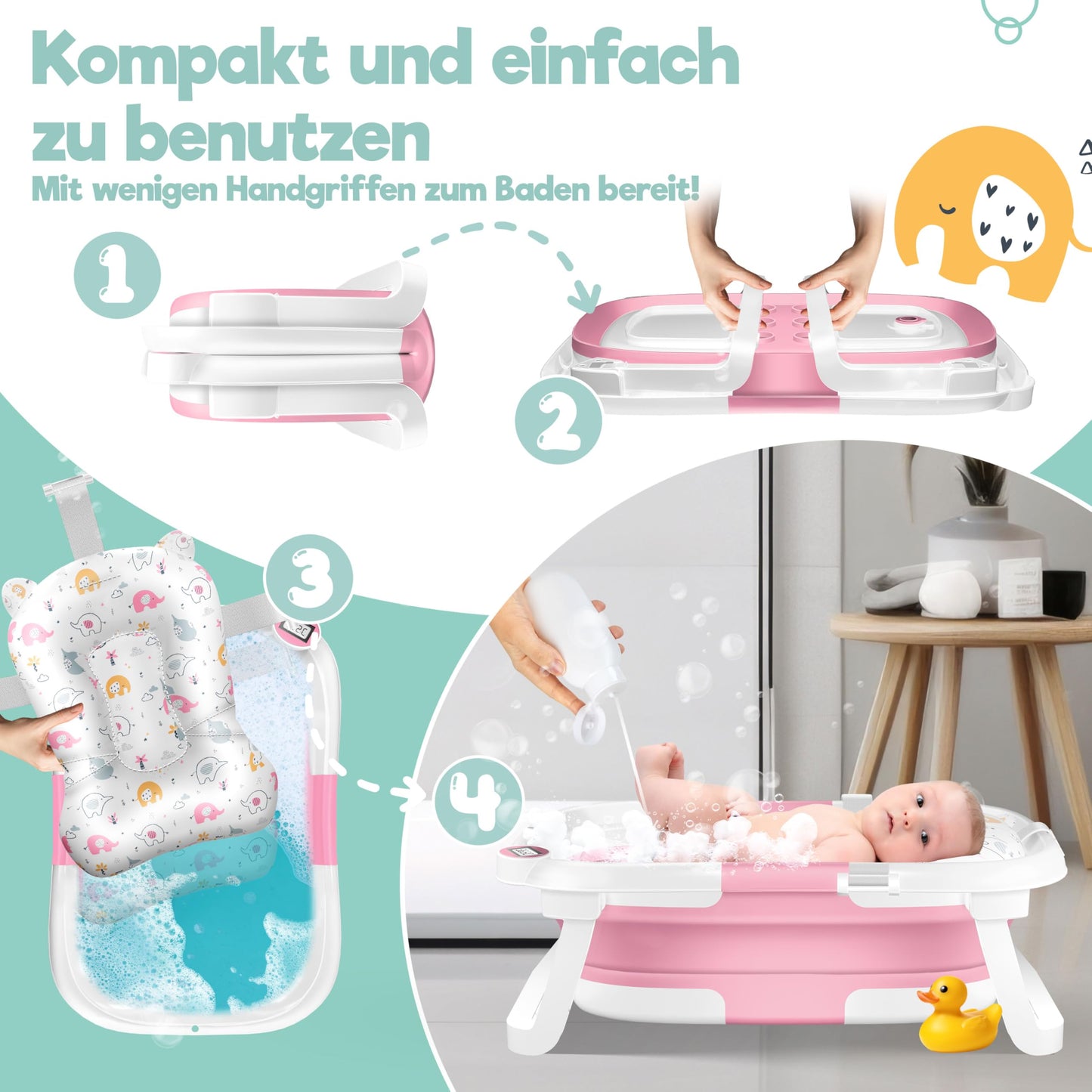 Baby Badewanne | Babywanne platzsparend & faltbar mit Thermostat & Kissen