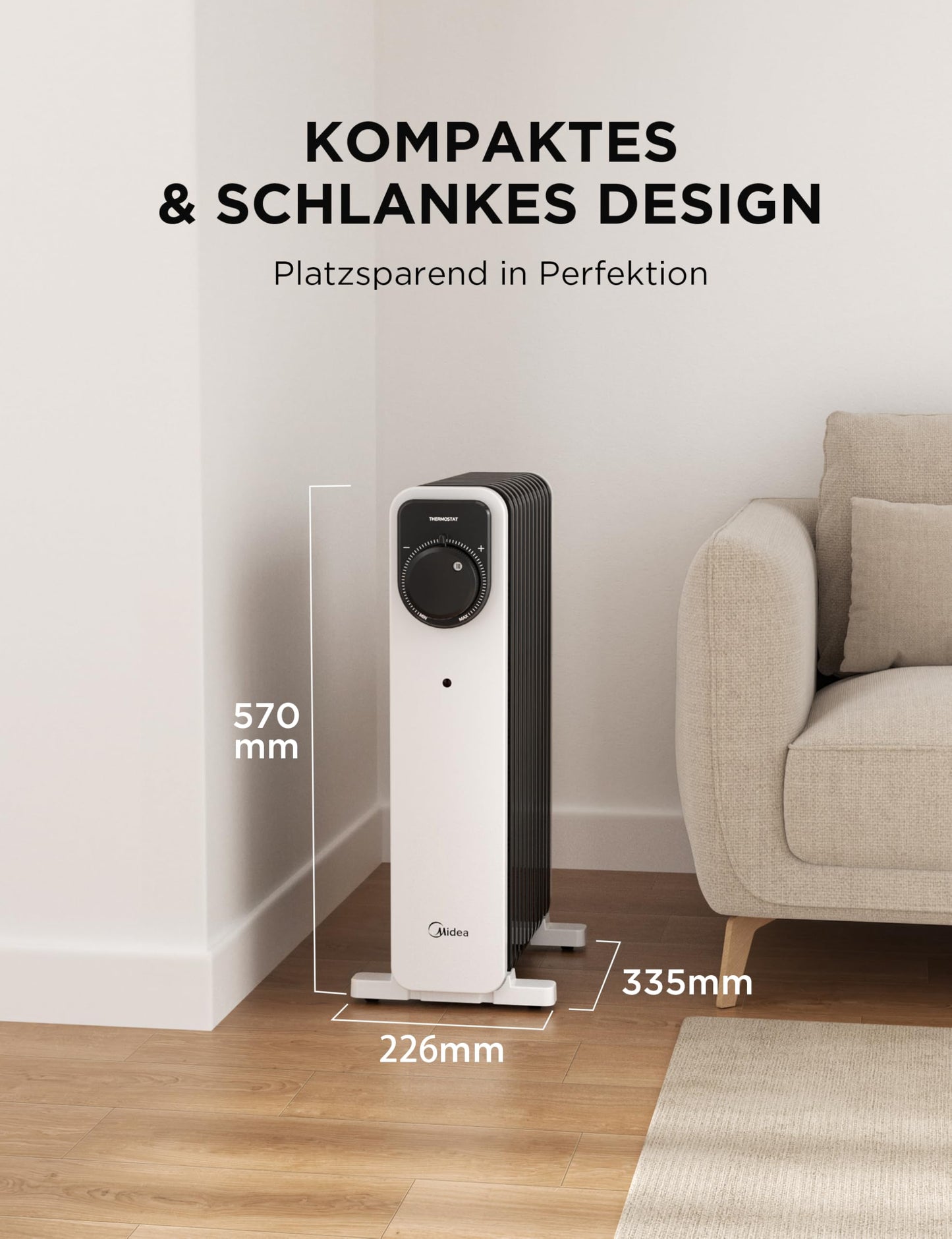 2300W 11 Rippen tragbarer Elektroheizer mit Drehknopfregelung und einstellbarem Thermostat, 3 Heizstufen, Kipp- und Überhitzungsschutz, ultra-leise im Büro & Zuhause