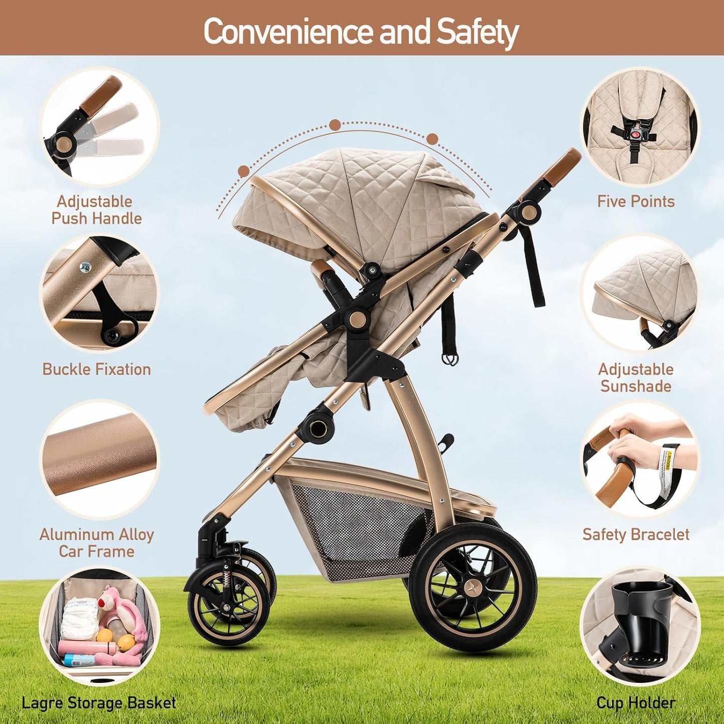 3-in-1 Pram Set with Seat, Baby Bed is Foldable, Adjustable Reclining Position,up to 15 kg, 0-3 Years