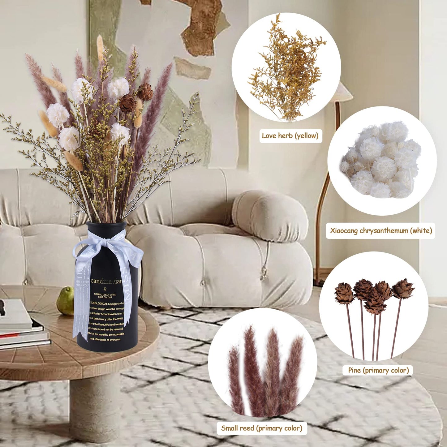 Dried Pampas Grass 60 Pieces Natural Dried Flowers Decoration, Bouquet Reed Flower Decoration for Living Room Bedroom