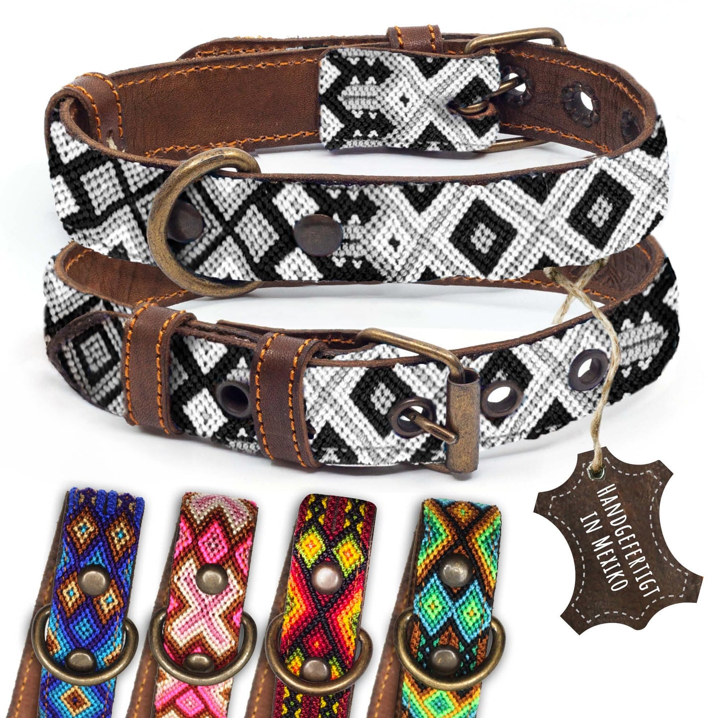 Hundehalsband Leder - braunes Rindsleder Tribal Grün/Braun/Beiges