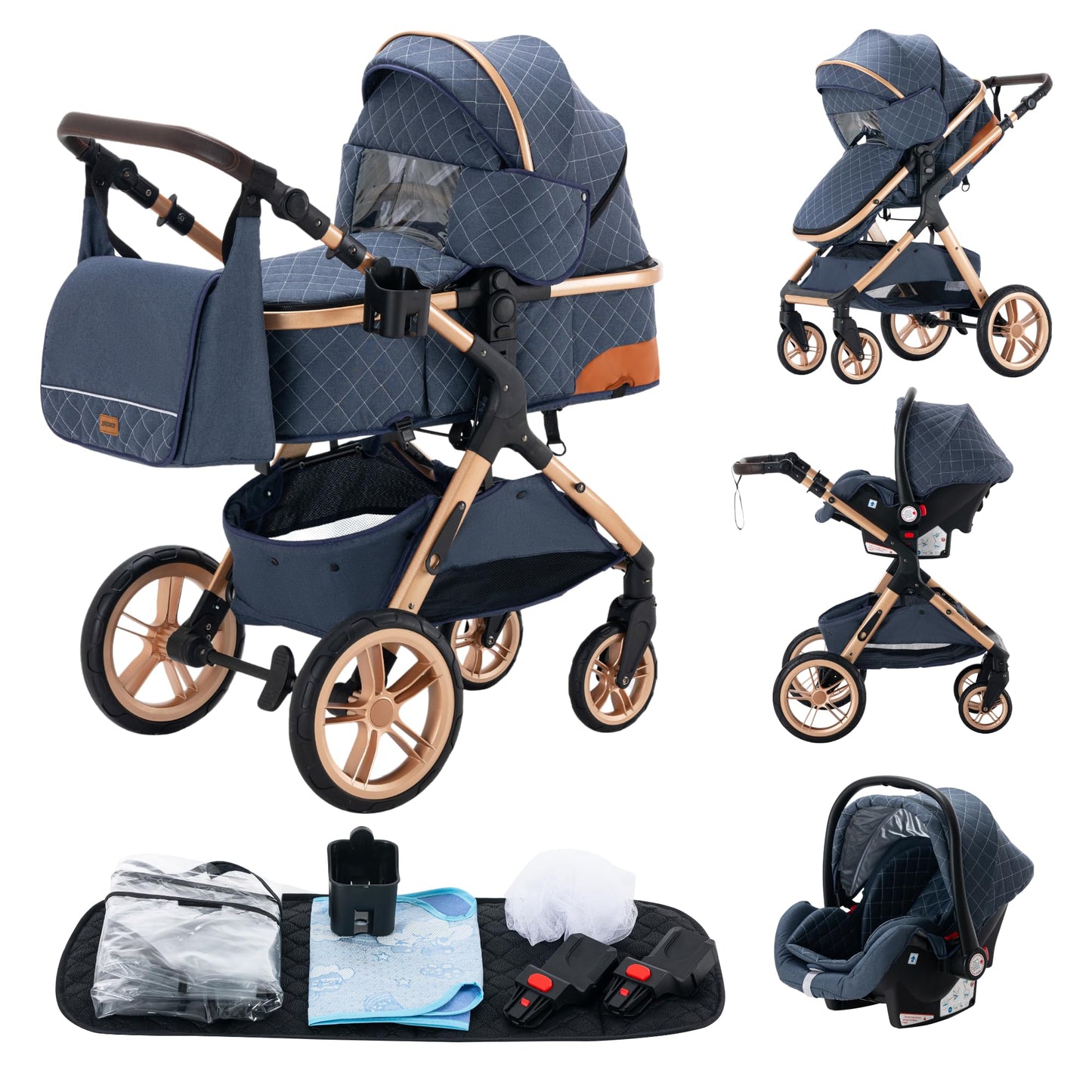 YAZOCO kinderwagen 3 in 1 Buggy Babybett Komplett Set Einem Klick Zusammenklappbarer Kinderwagen, KombiKinderwagen Aluminiumrahmen für Neugeborene