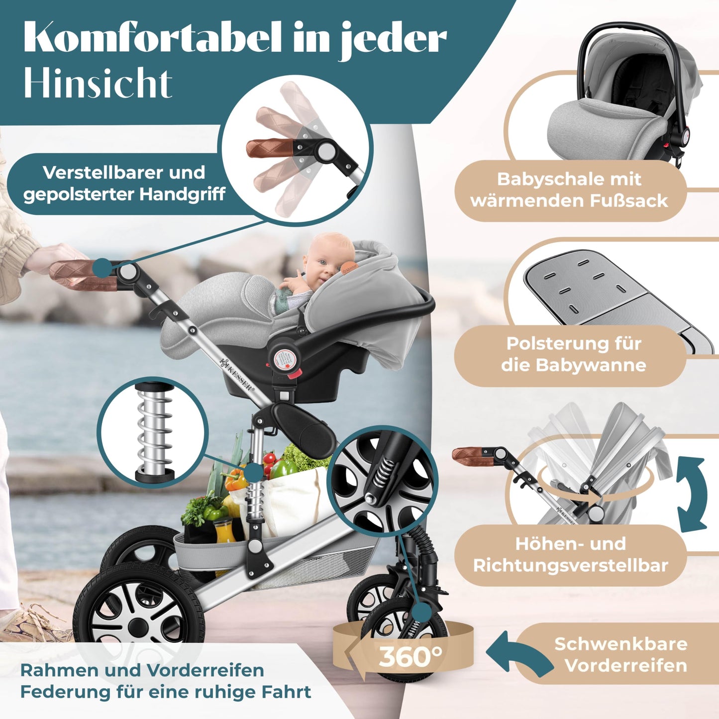 Kesser® Loops 3-in-1 Combination Pram, Complete Set Including Baby Tub & Buggy Sports Seat & Baby Car Seat, Full Rubber Tyres