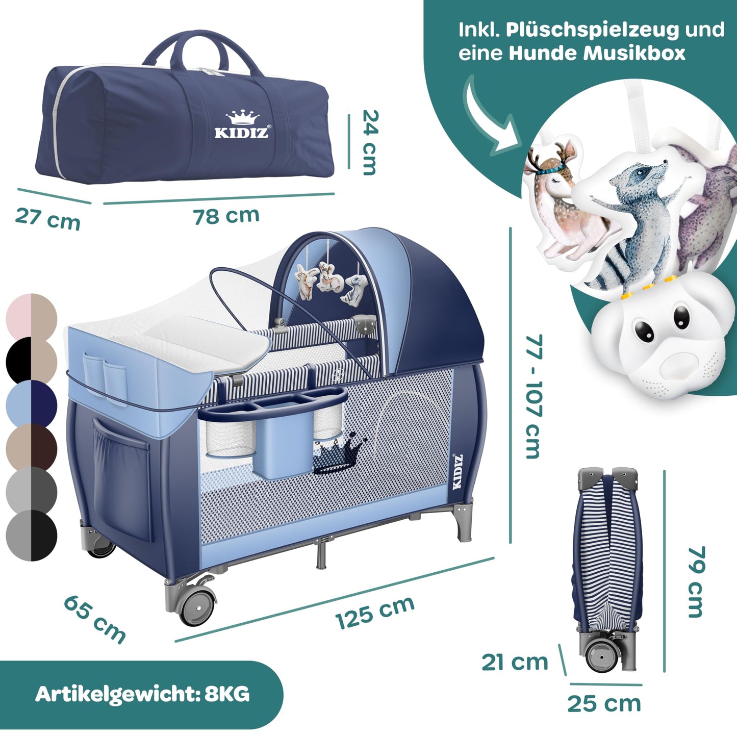 Kidiz Baby Cot, Travel Cot, Foldable with Mattress and Wheels, 120 x 60 cm, Side Entrance