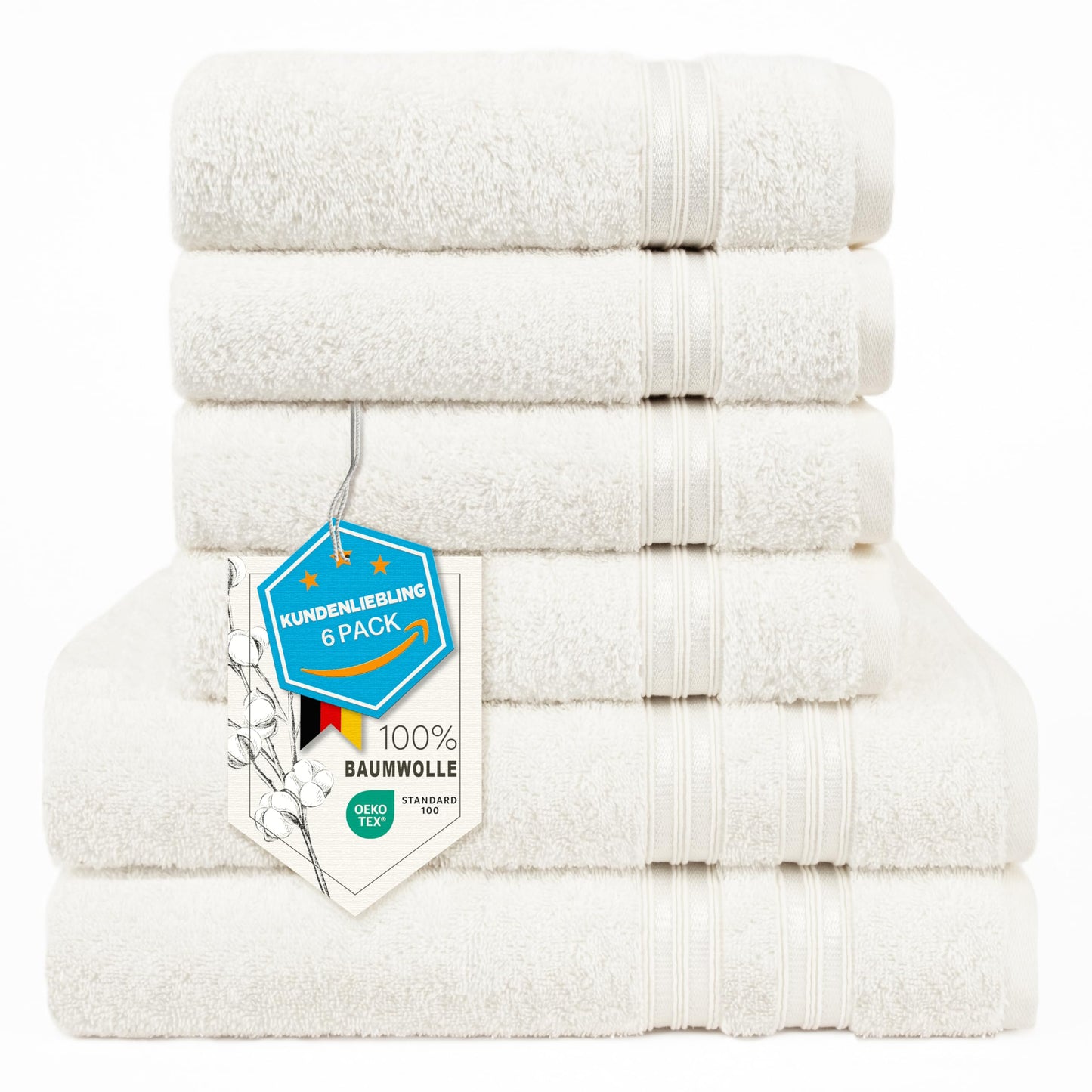 6-Piece Hand Towel Set, 100% Cotton, Soft, Absorbent, Quality Hand Towels Set, 2 Bath Towels 70 x 140 cm, 4 Hand Towels 50 x 100 cm, White