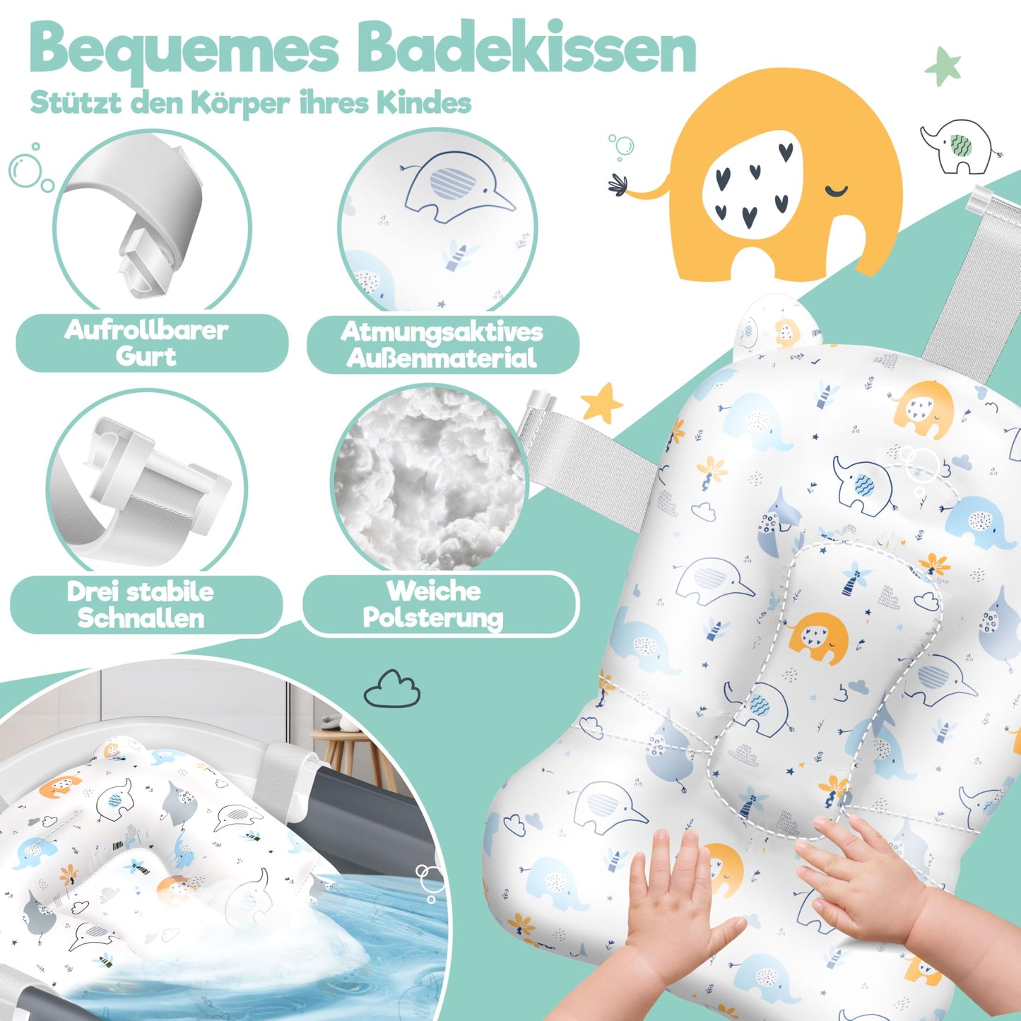 Baby Badewanne | Babywanne platzsparend & faltbar mit Thermostat & Kissen